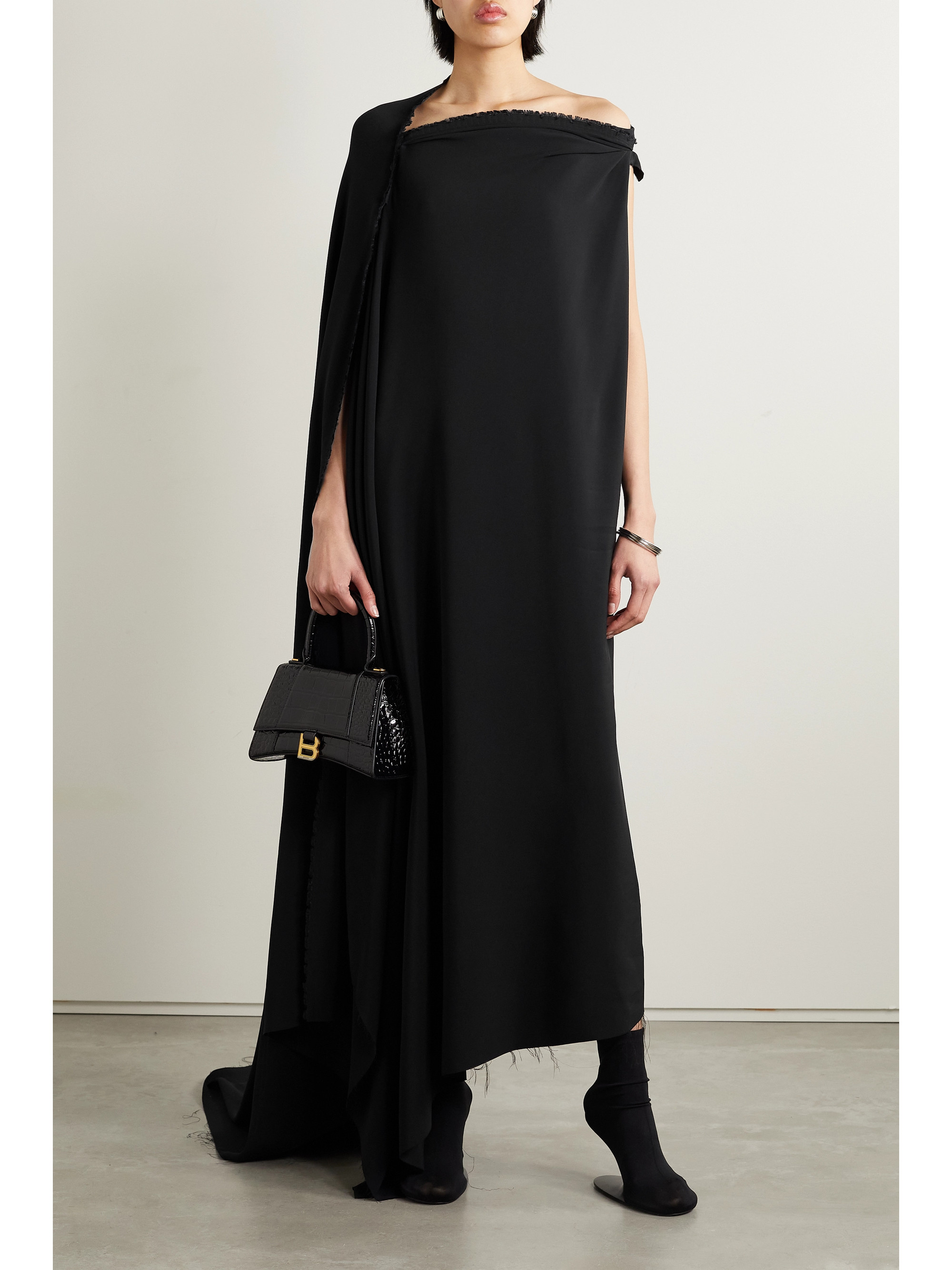 Balenciaga Asymmetric one-shoulder frayed draped crepe gown thumbnail