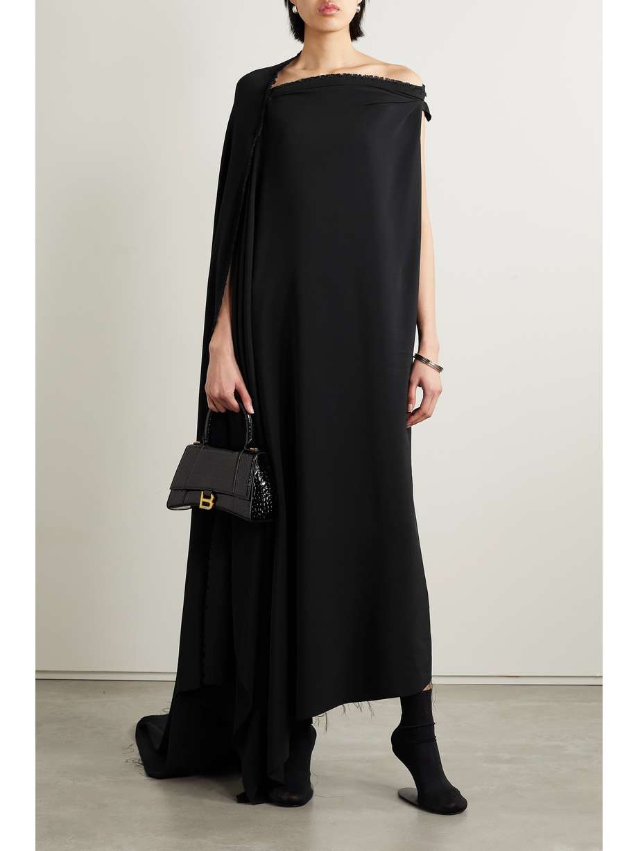 asymmetric one-shoulder frayed draped crepe gown