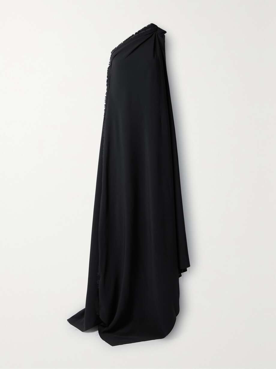 asymmetric one-shoulder frayed draped crepe gown