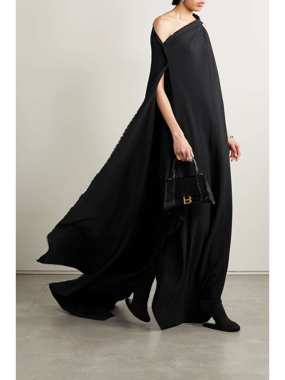 asymmetric one-shoulder frayed draped crepe gown