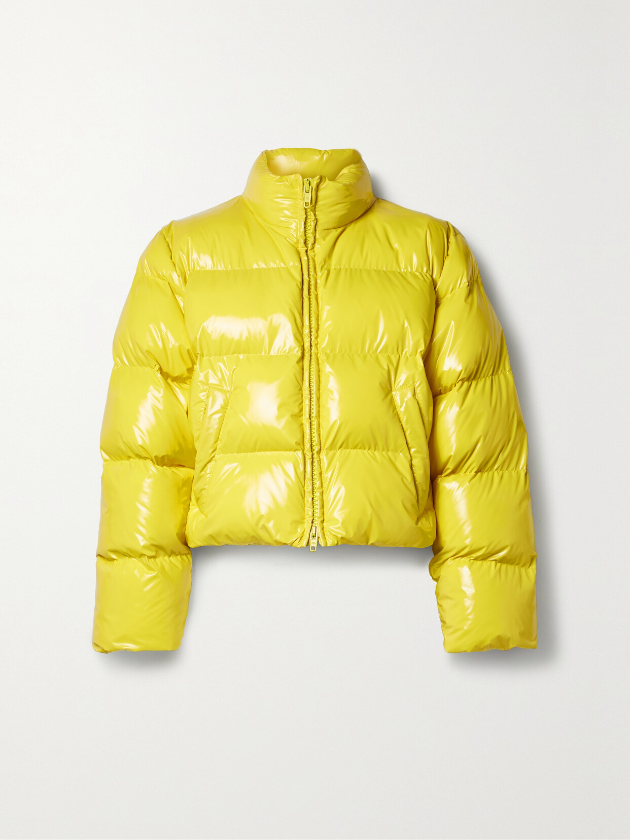 Shop Balenciaga Cropped Quilted Padded Glossed-shell Coat In Yellow