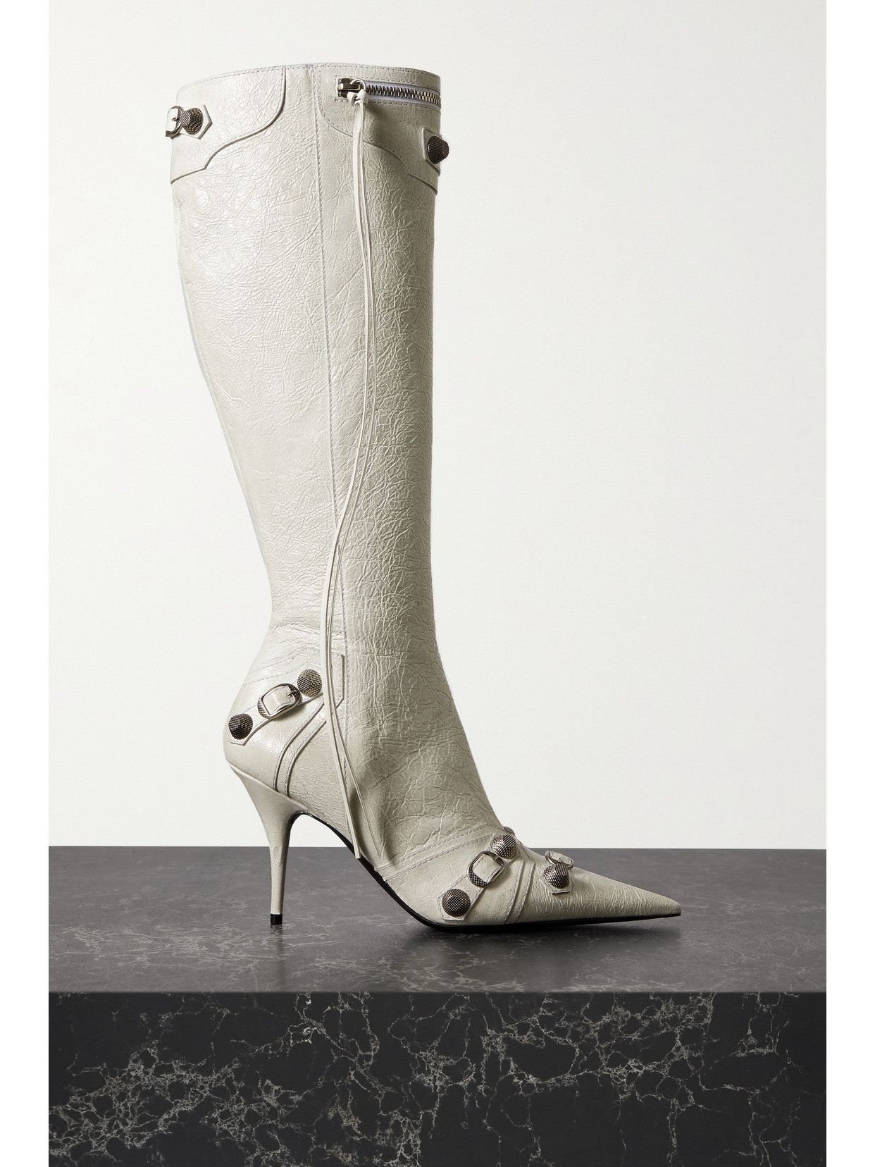 Balenciaga Cagole Embellished Textured-leather Knee Boots In White