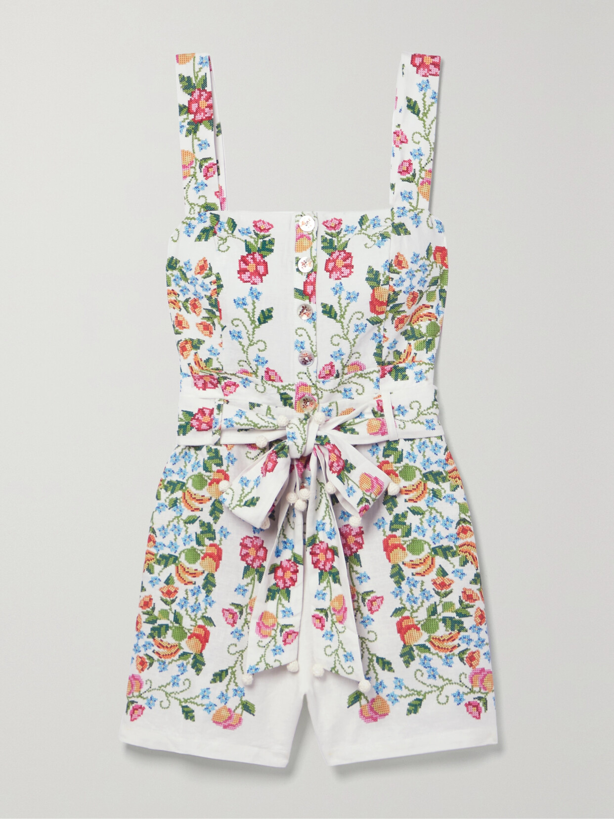 Farm Rio - Belted Shirred Floral-print Linen-blend Playsuit - Multi