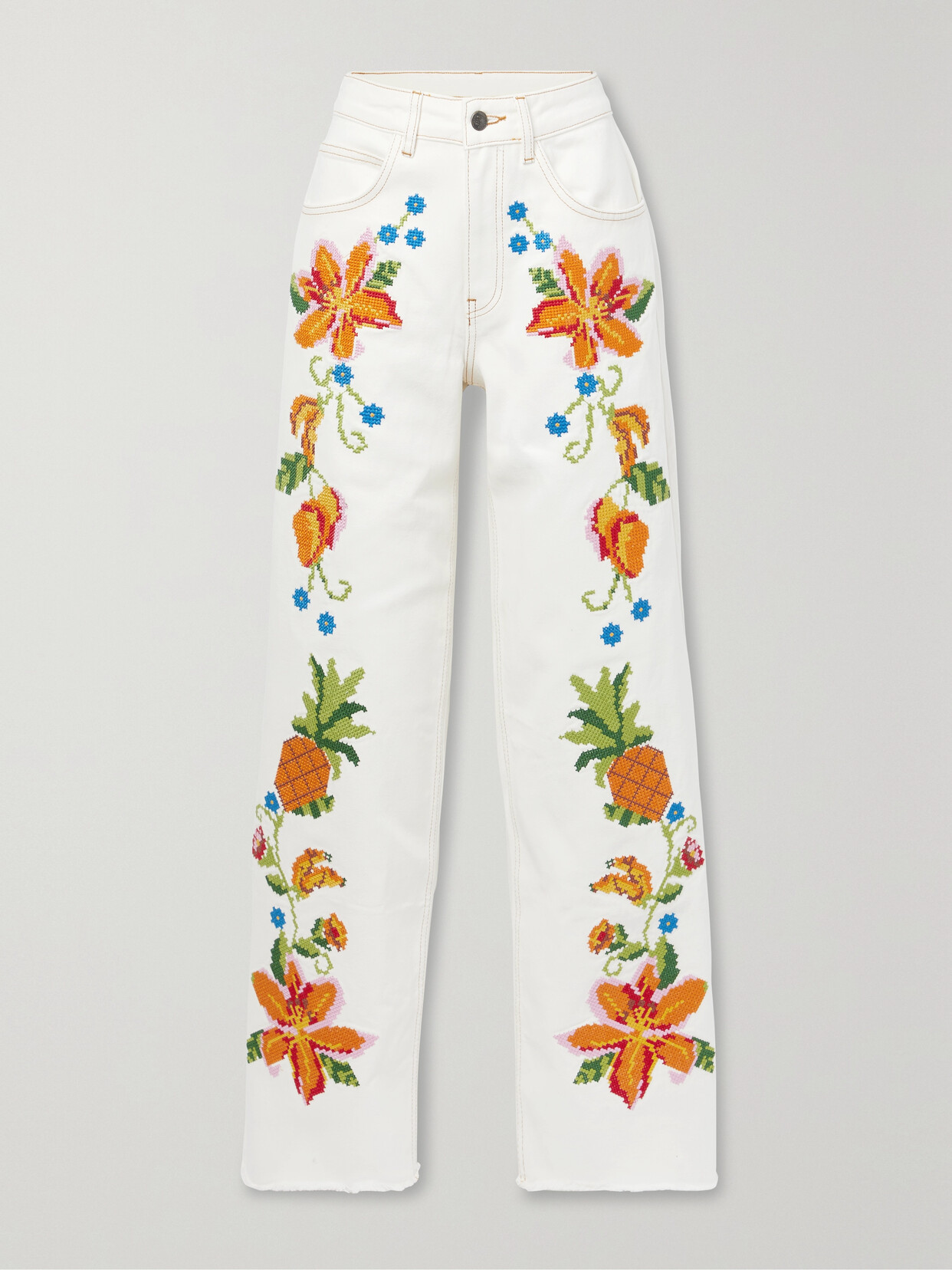 Farm Rio - Embroidered High-rise Wide-leg Jeans - Cream