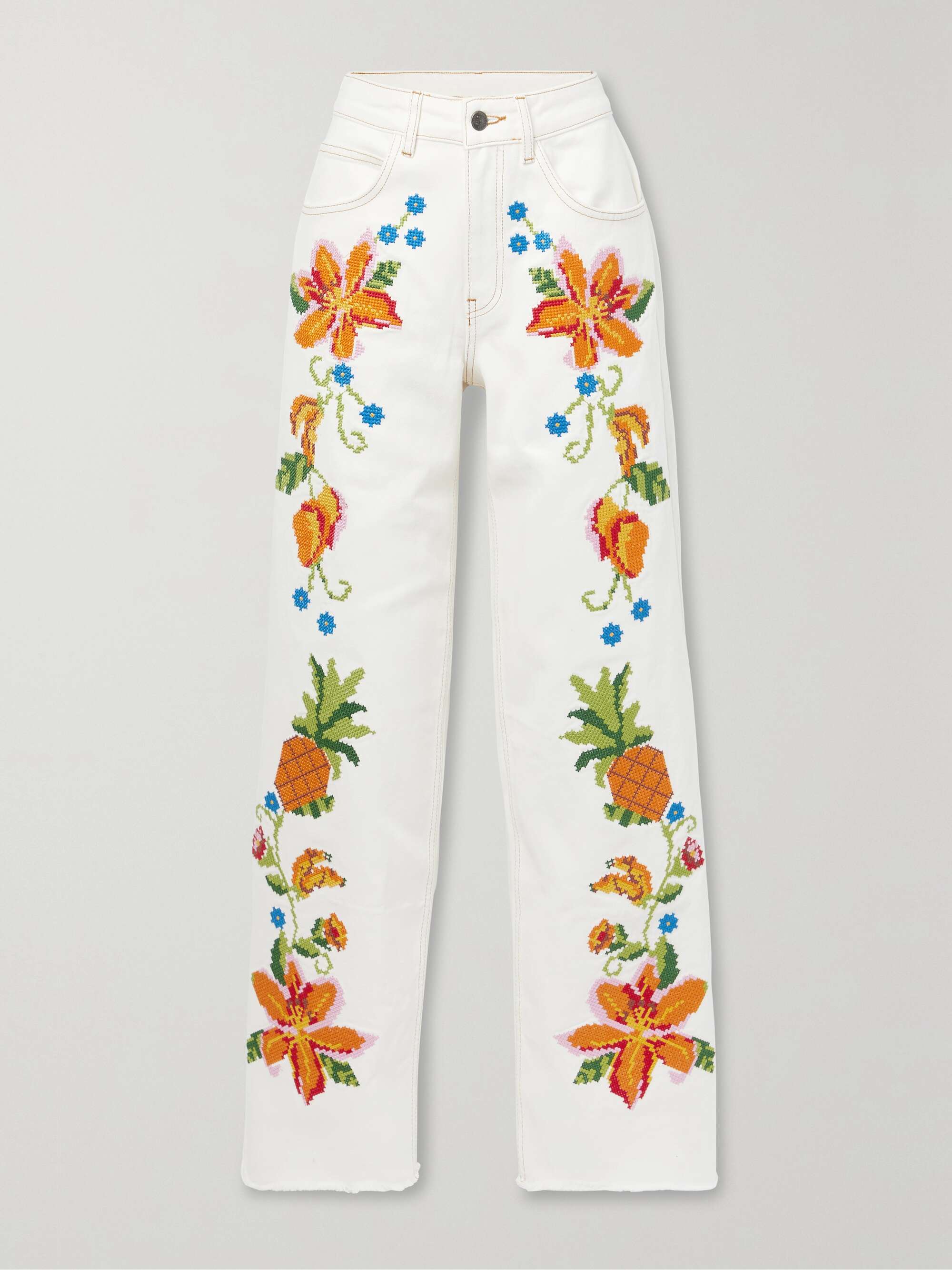 Farm Rio Embroidered High-Rise Wide-Leg Jeans - Women - Cream Jeans - XXL