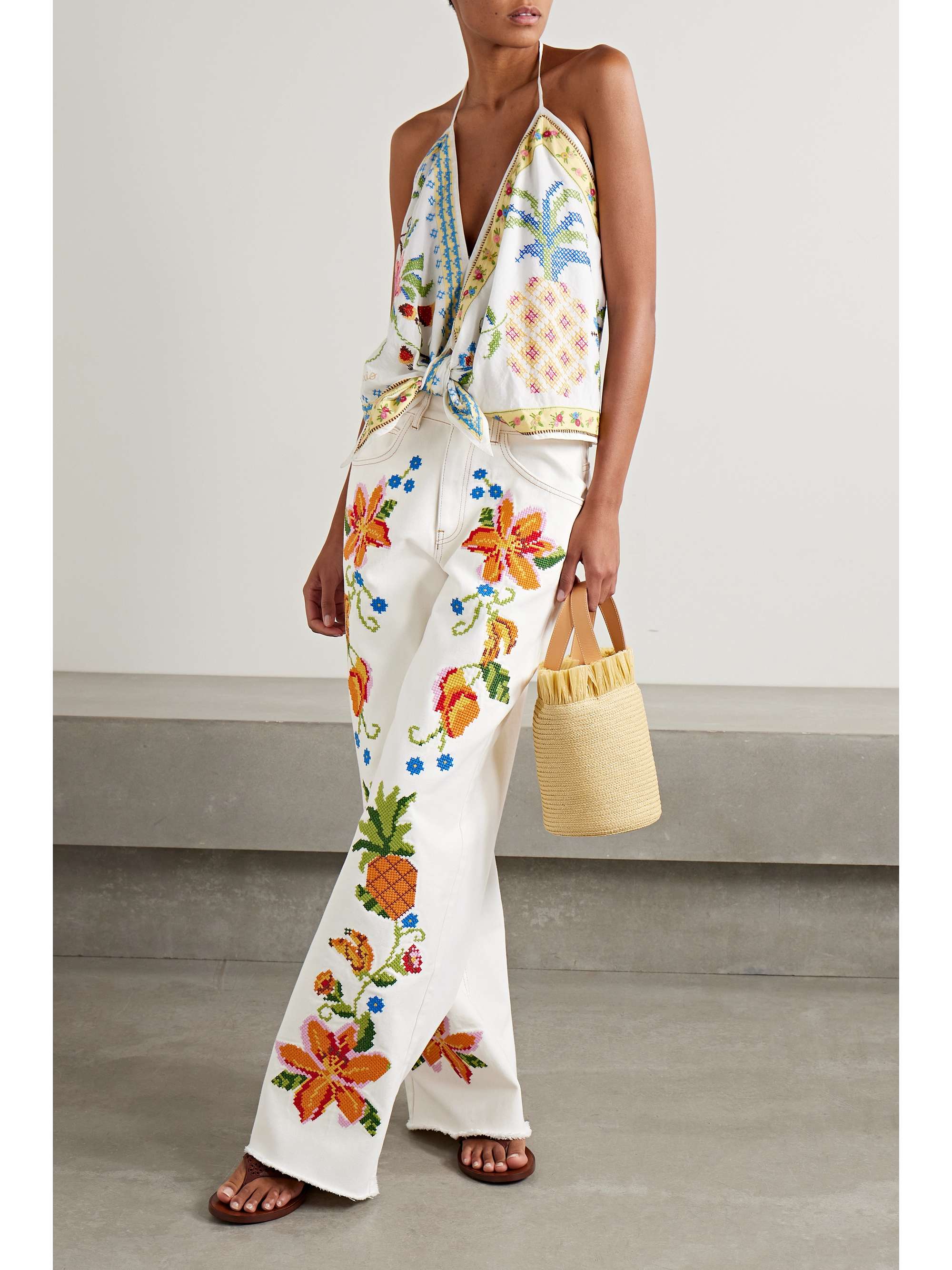 FARM RIO Embroidered high-rise wide-leg jeans NET-A-PORTER