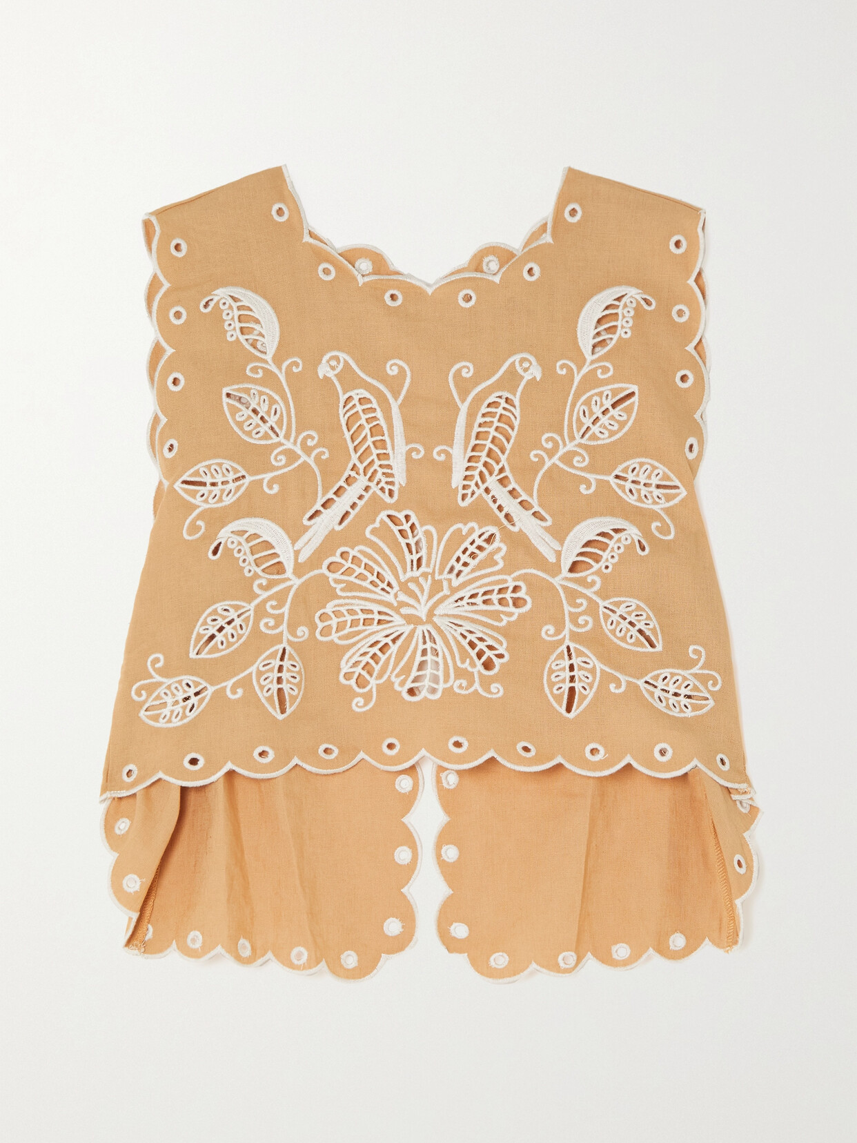 Farm Rio - Cropped Scalloped Broderie Anglaise Linen-blend Top - Neutrals