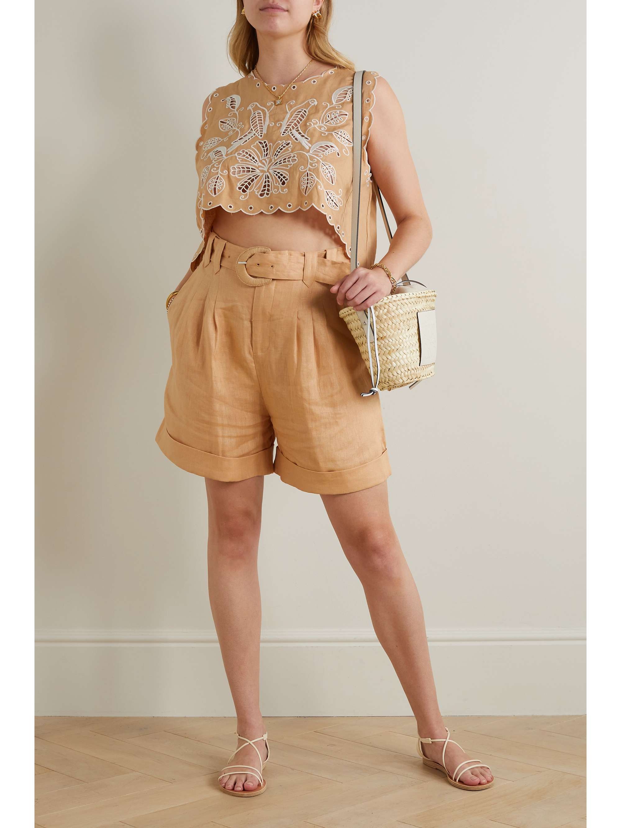 FARM RIO Cropped scalloped broderie anglaise linenblend top NETAPORTER