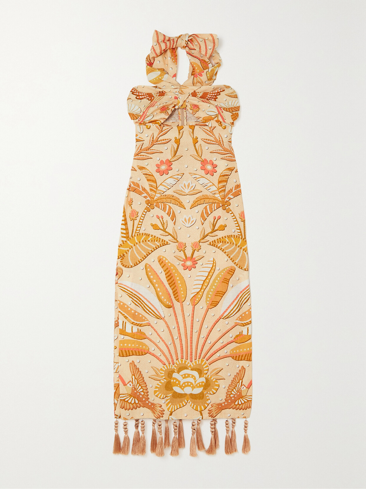 Farm Rio Jungle Chic Cutout Printed Linen-blend Halterneck Midi Dress - Yellow