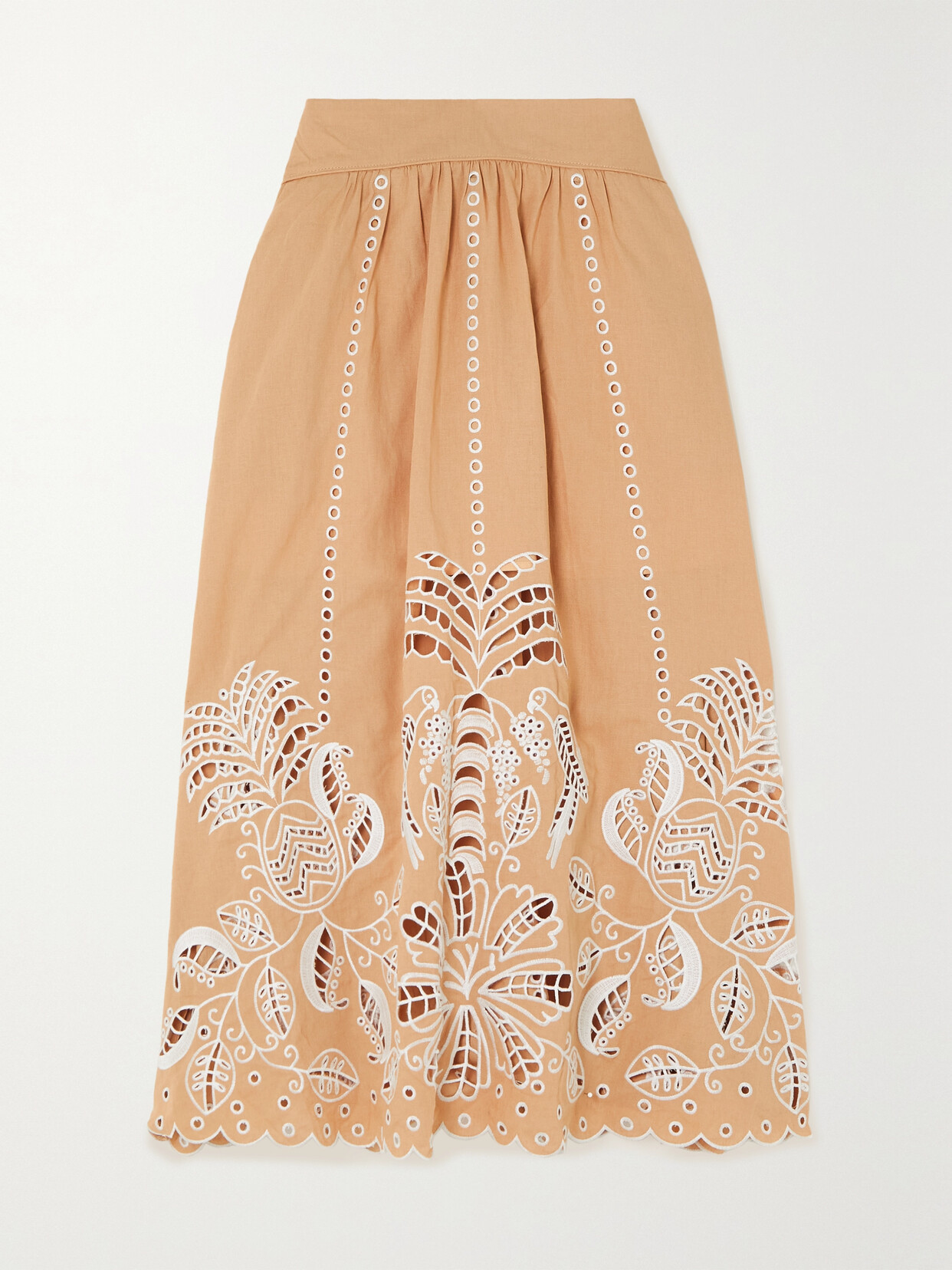 Farm Rio - Richelieu Embroidered Broderie Anglaise Linen-blend Midi Skirt - Brown