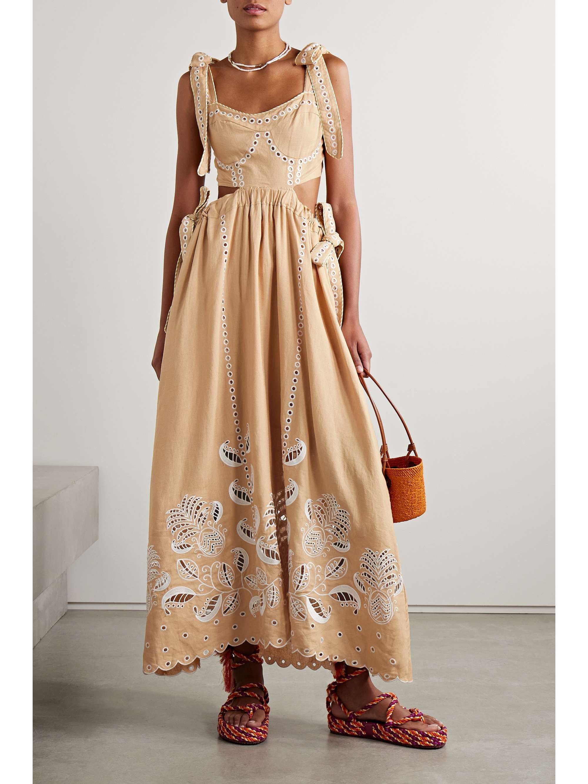 FARM RIO Openback scalloped broderie anglaise linenblend midi dress