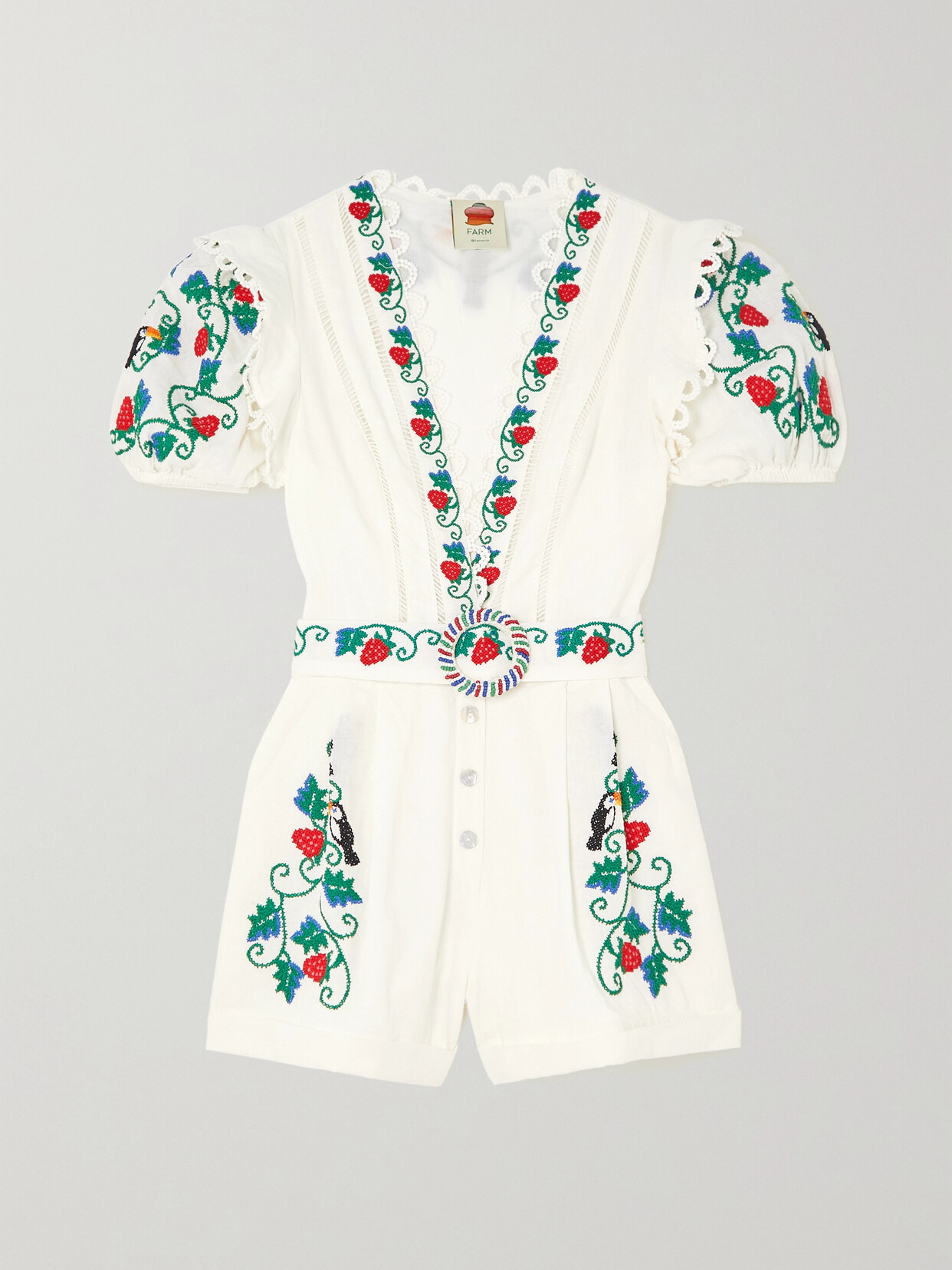 Farm Rio - Belted Scalloped Embroidered Linen-blend Playsuit - Off-white