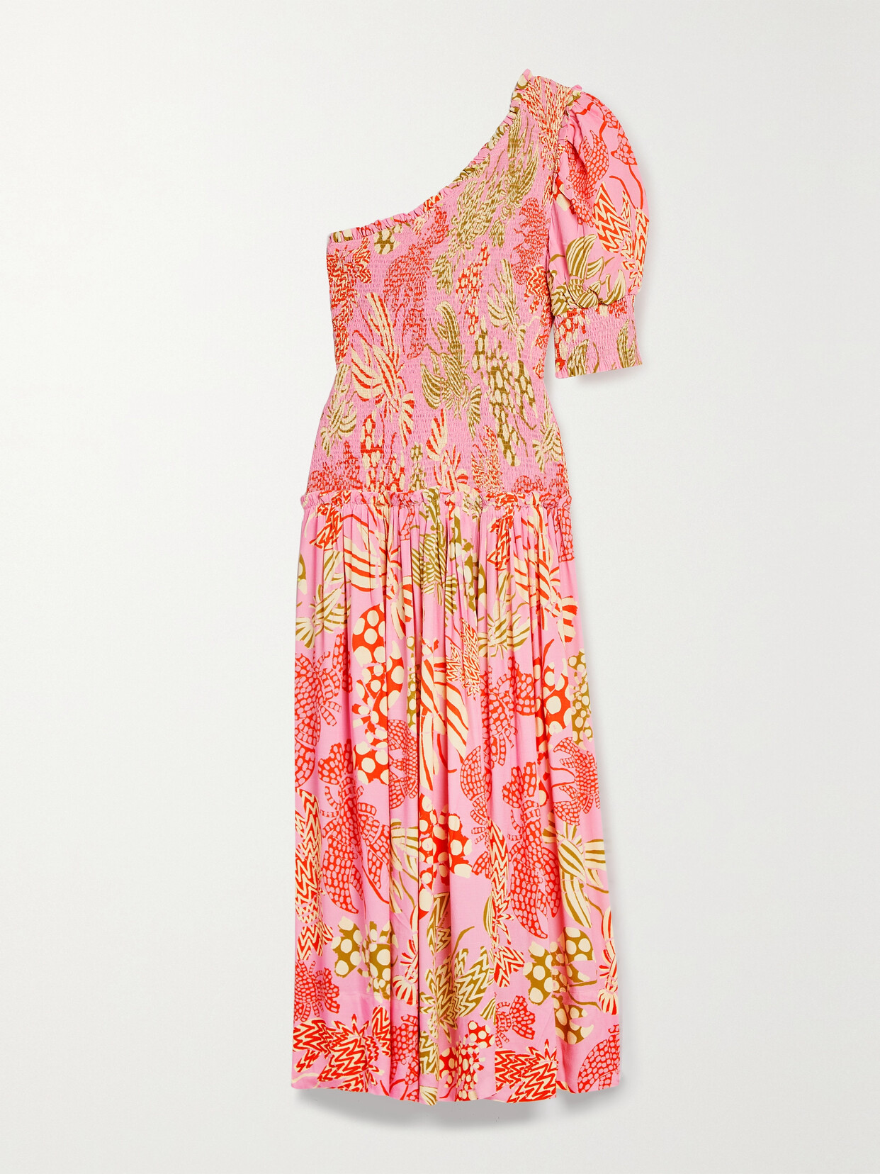 Farm Rio One-sleeve Shirred Printed Woven Midi Dress - Pink