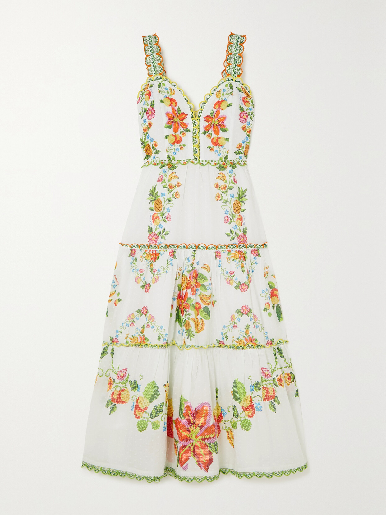 Farm Rio Tropical Romance Scalloped Tiered Printed Cotton Midi Dress - White