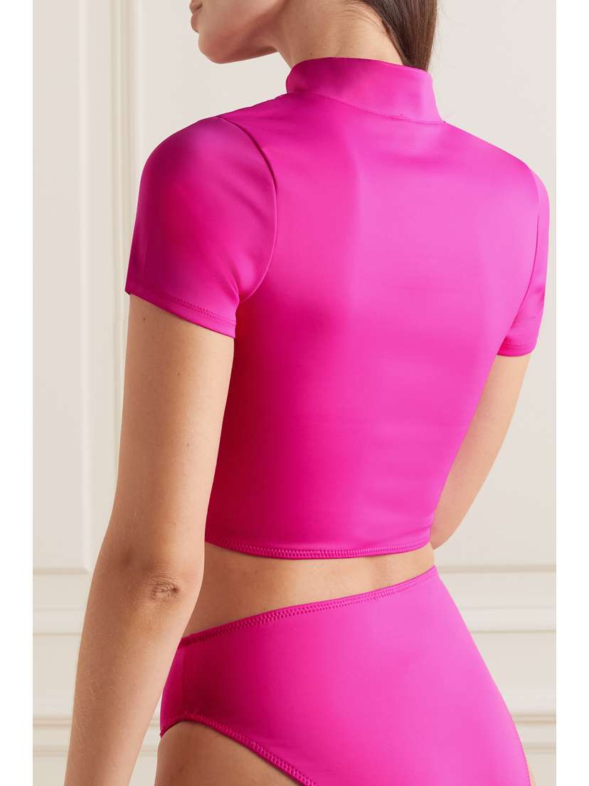 GOOD AMERICAN Good Compression Neon Stretch-scuba Rash Guard - detail view in Pink
