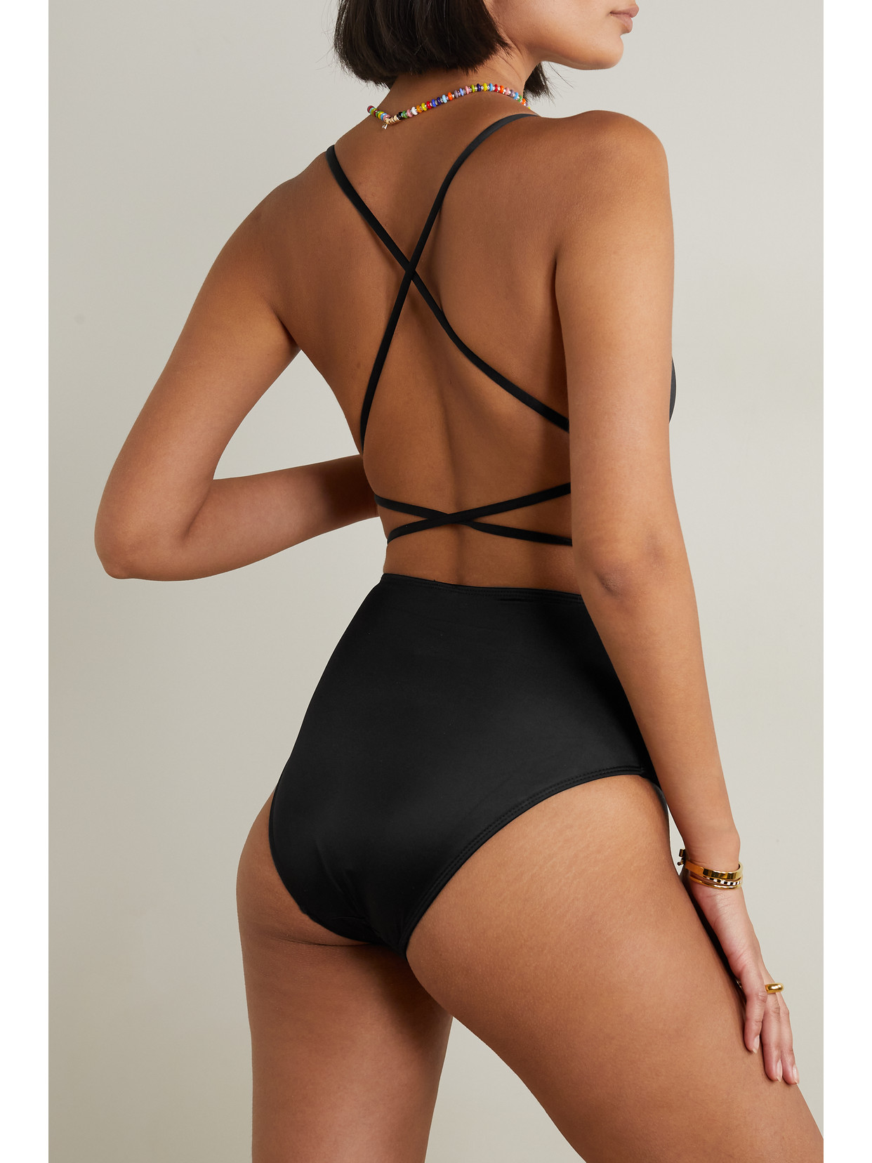 Good American Vacay Belted Stretch-satin Swimsuit In Black