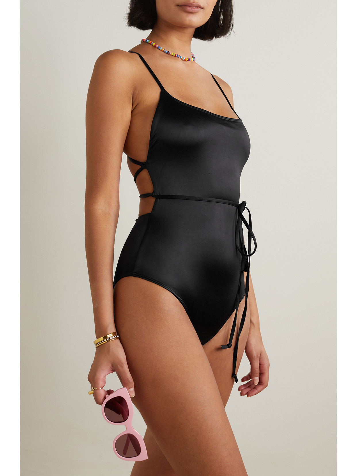 Good American Vacay Belted Stretch-satin Swimsuit In Black