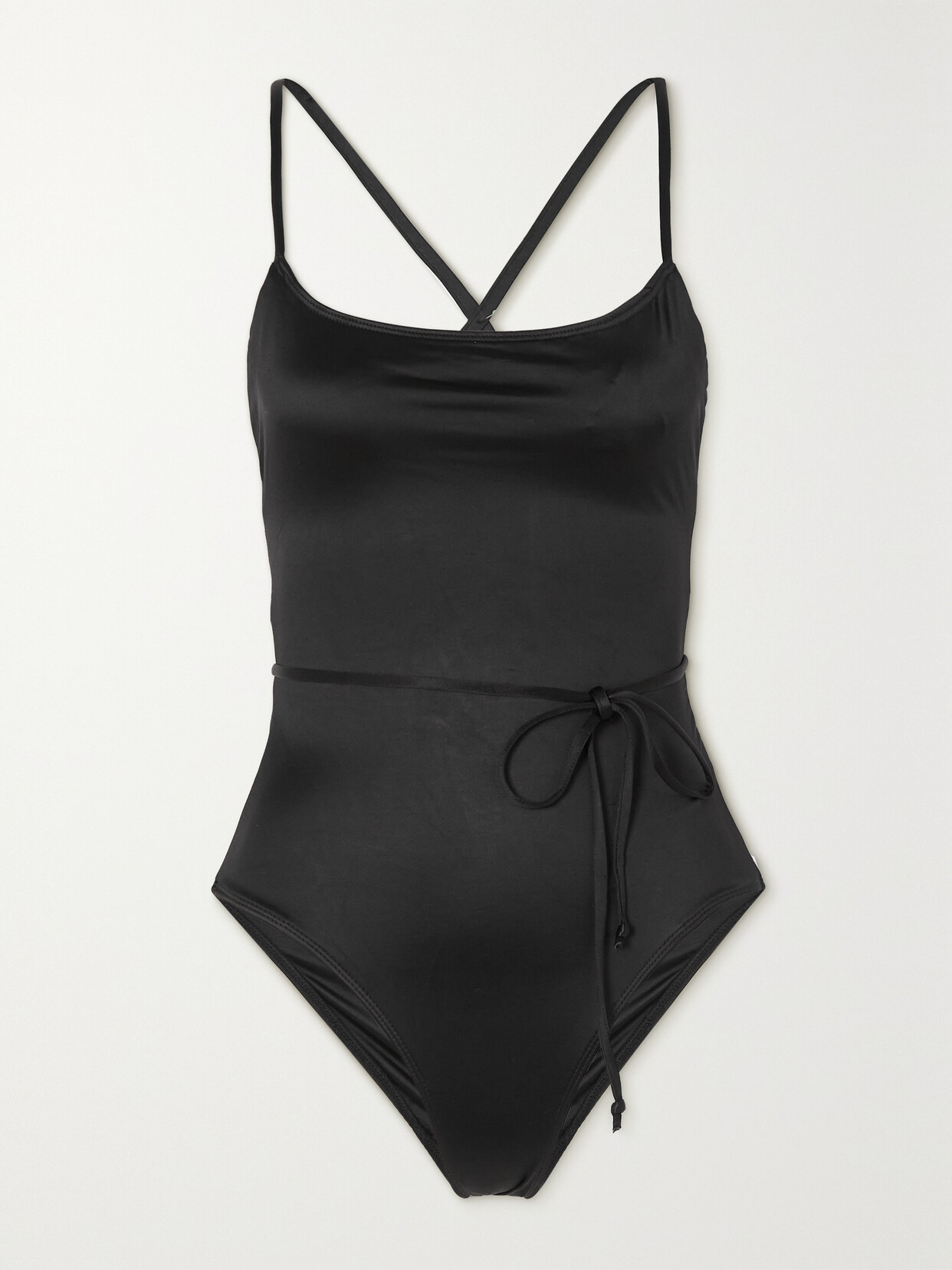 Good American Vacay Belted Stretch-satin Swimsuit In Black