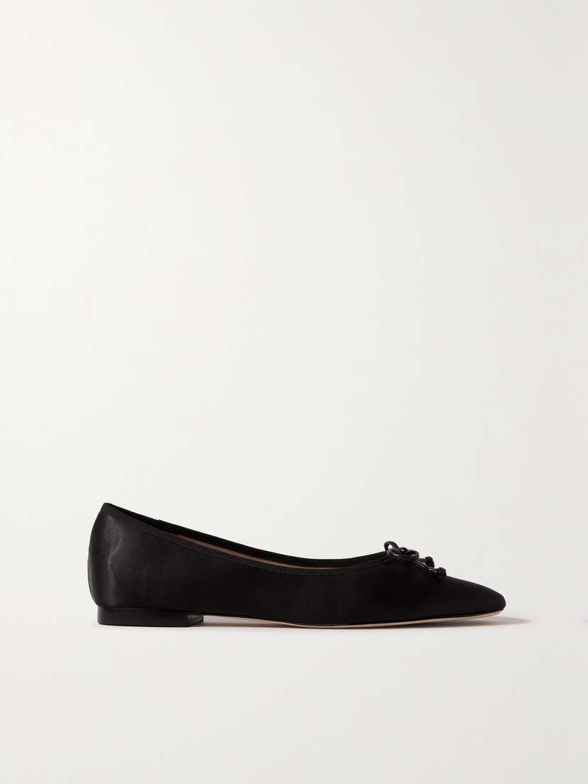 Porte & Paire Bow-embellished Leather-trimmed Satin Ballet Flats
