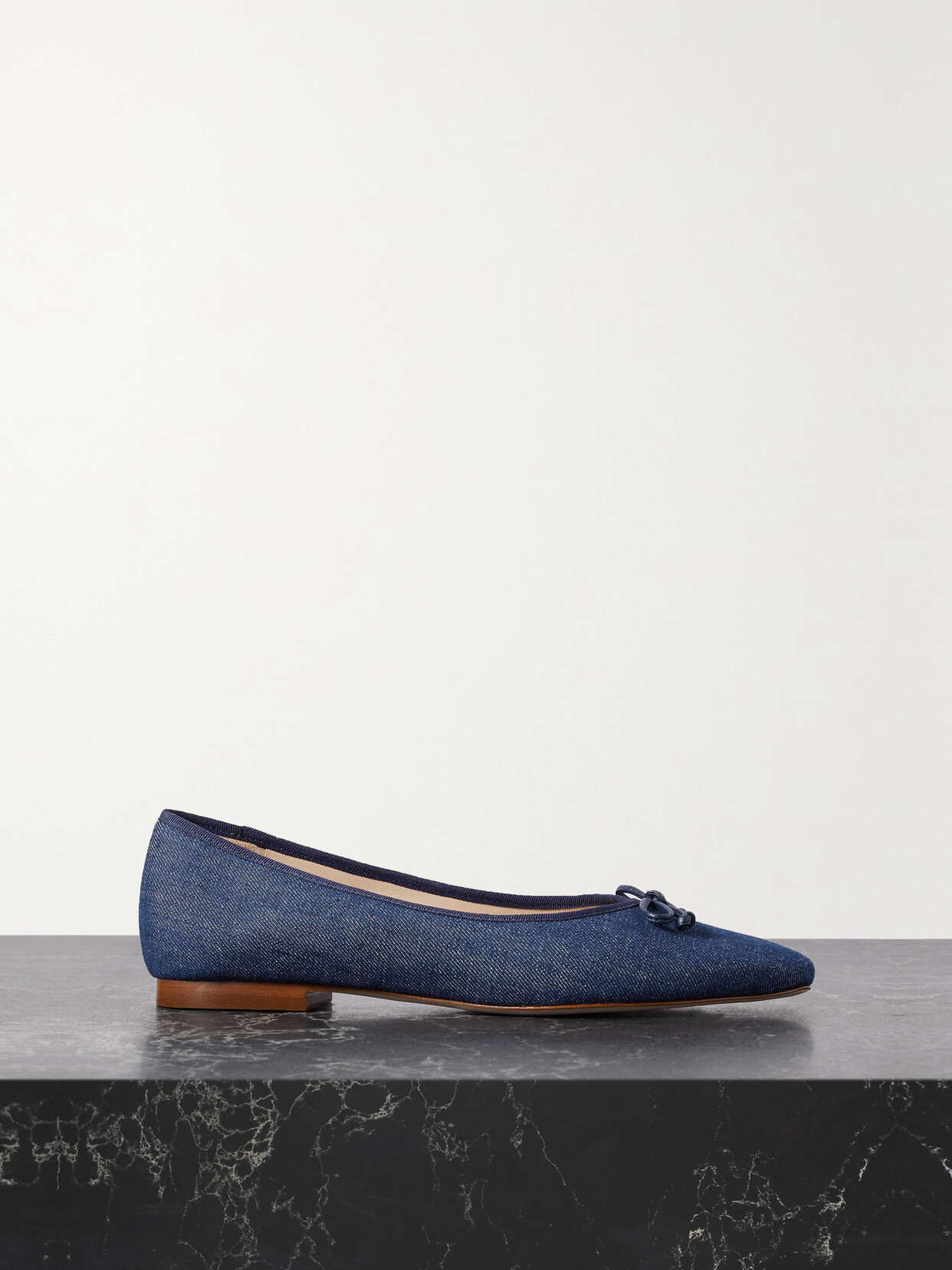 Porte & Paire - Bow-embellished Denim Ballet Flats - Blue