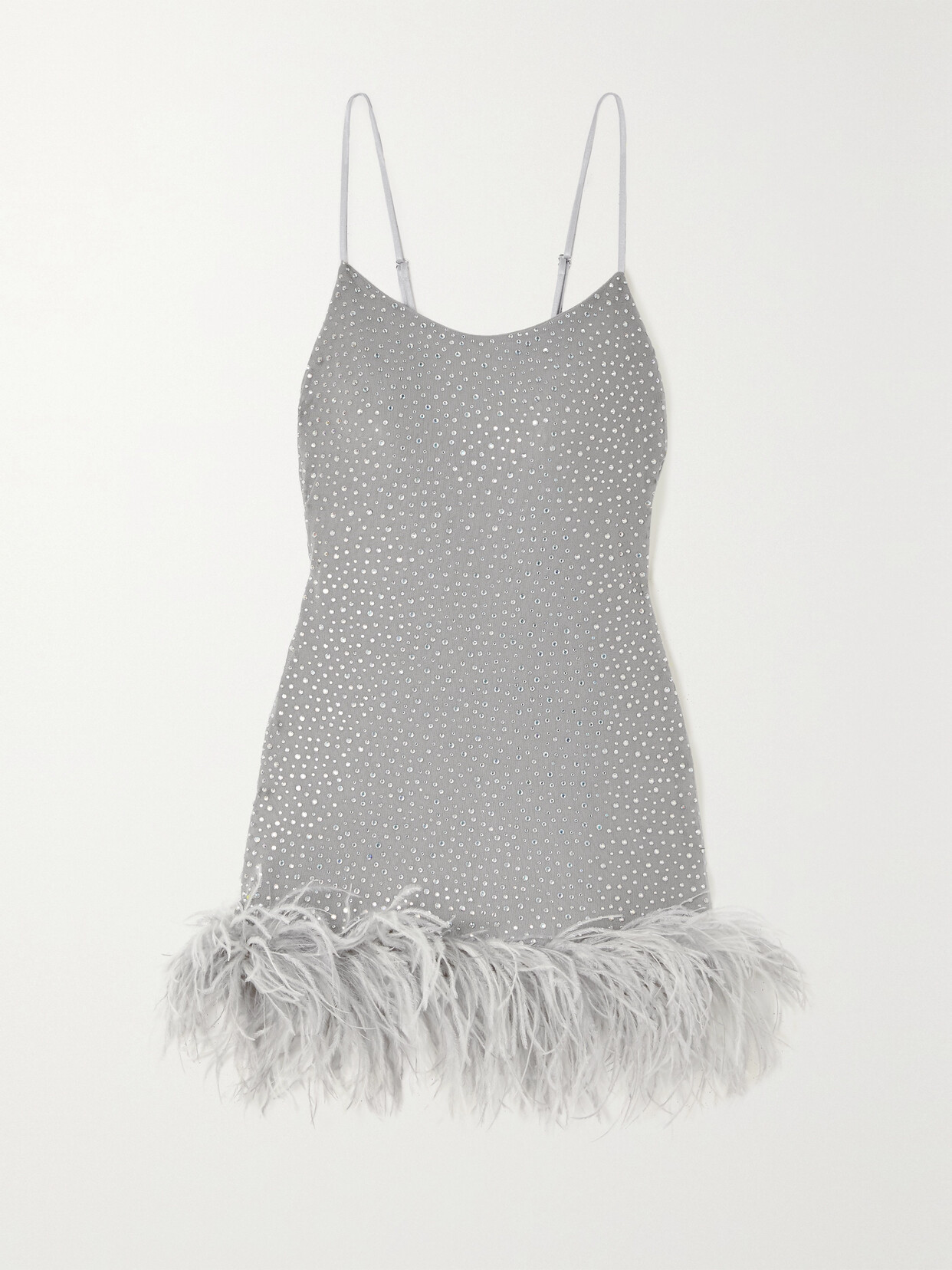 Leslie Amon Laurie Feather-trimmed Crystal-embellished Stretch-crepe Mini Dress - Silver