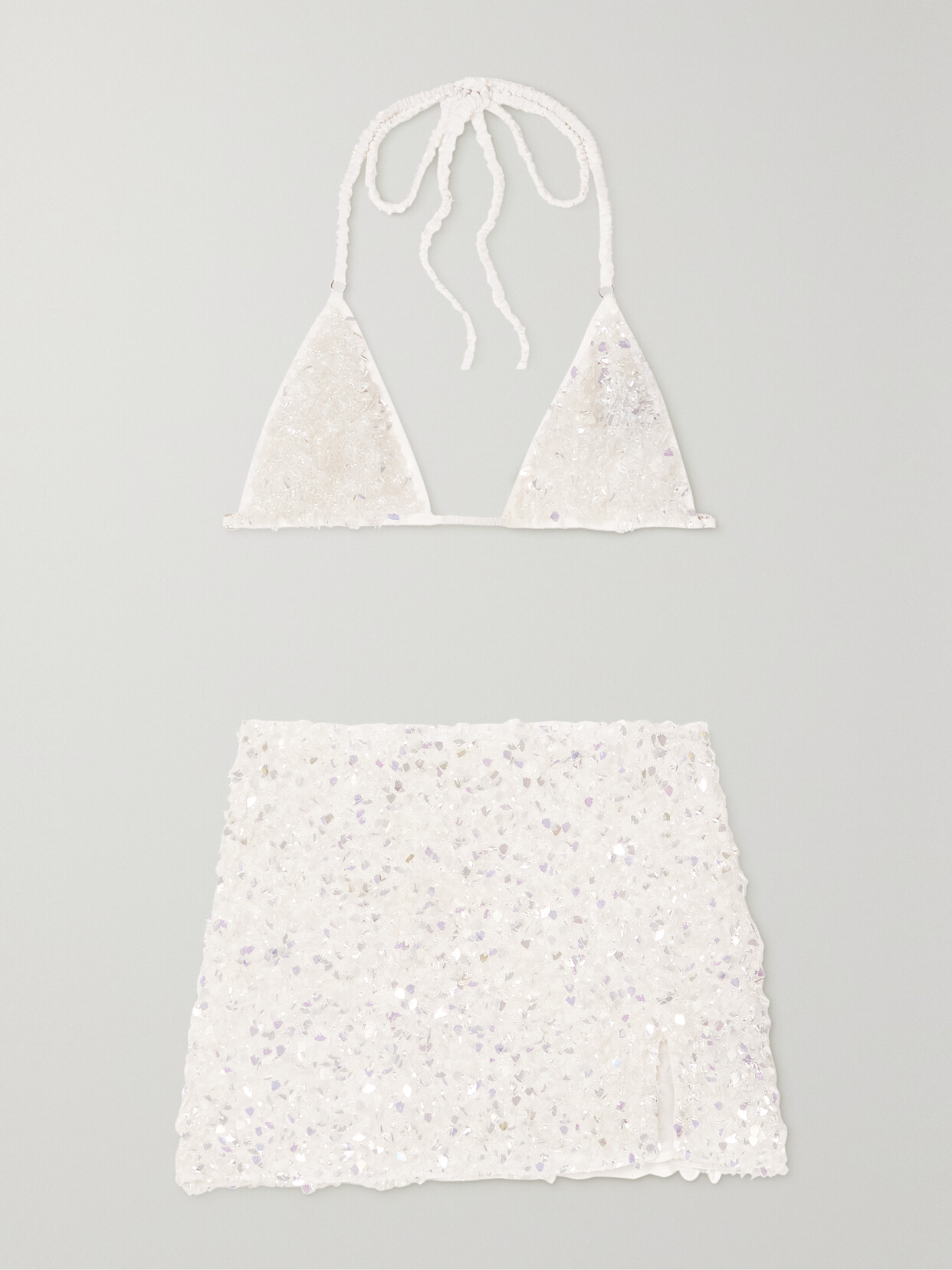 Leslie Amon - Crushed Shell Embellished Stretch-chiffon Bikini Top And Mini Skirt Set - White