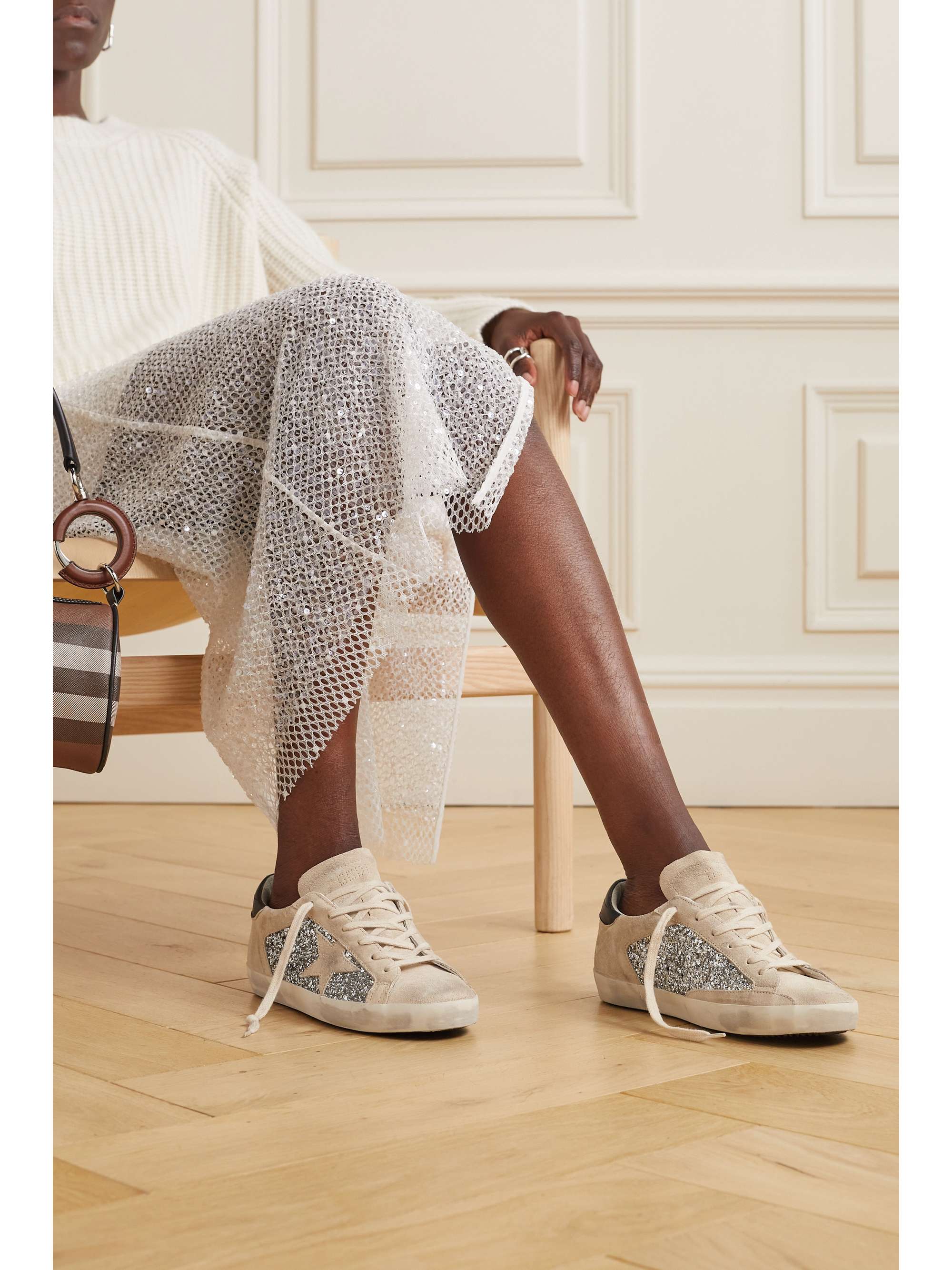 GOLDEN GOOSE Super-Star leather-trimmed distressed glittered suede sneakers  | NET-A-PORTER