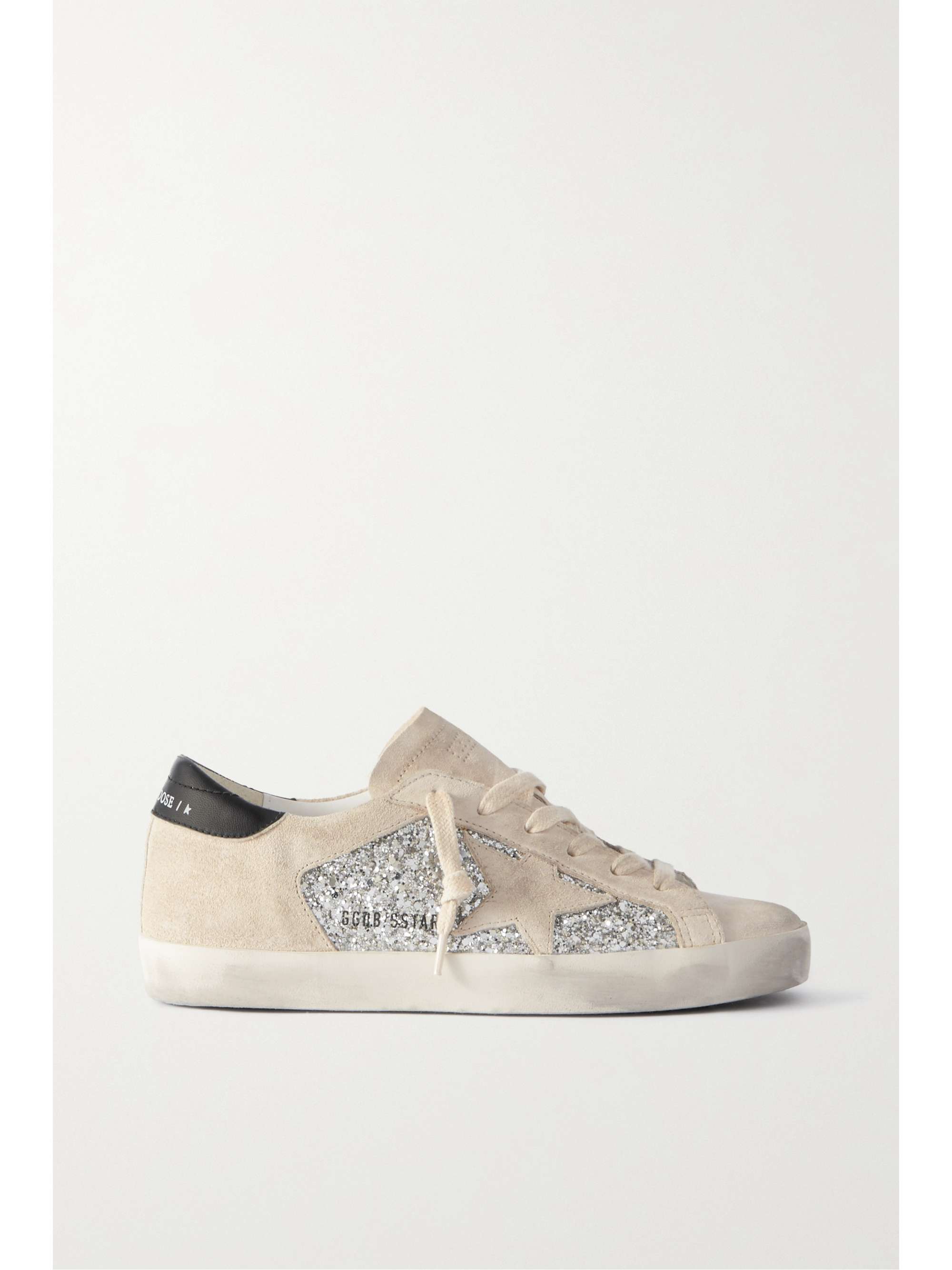 GOLDEN GOOSE Super-Star leather-trimmed distressed glittered suede sneakers  | NET-A-PORTER