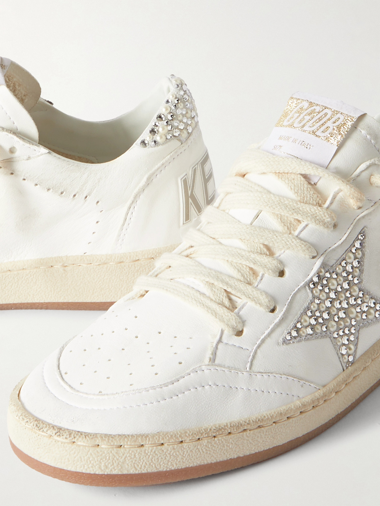 Shop Golden Goose Ball Star Shearling-lined Embellished Distressed Leather Sneakers In White