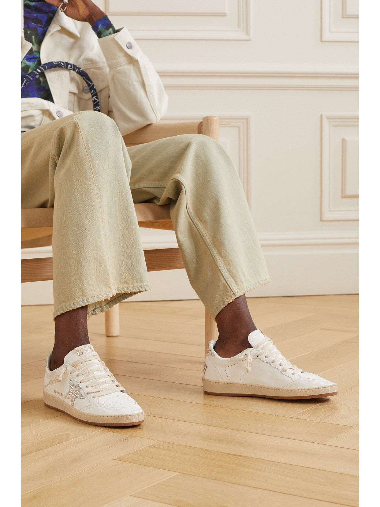 Shop Golden Goose Ball Star Shearling-lined Embellished Distressed Leather Sneakers In White