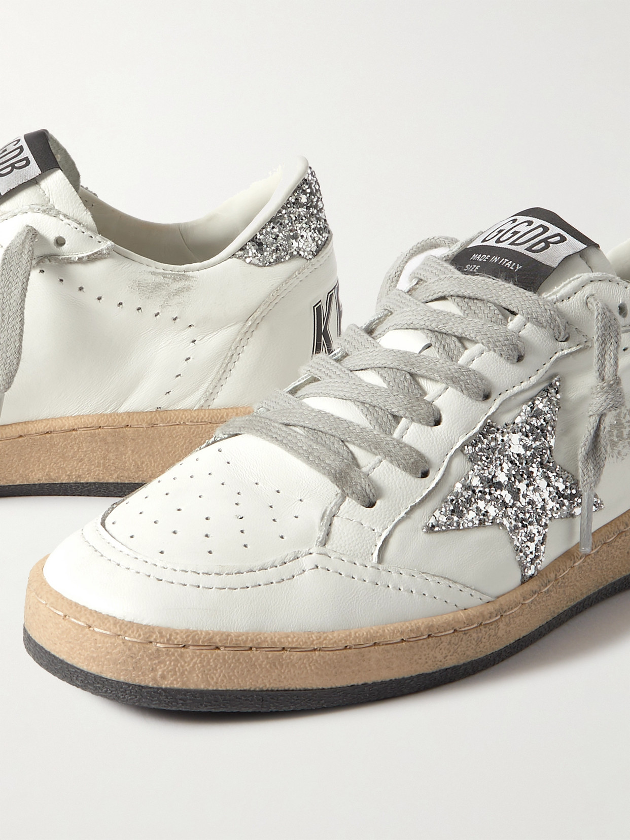 Golden Goose Ball Star Distressed Glittered Leather Sneakers In White