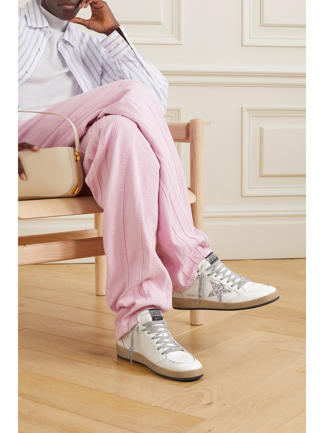 Golden Goose Ball Star Distressed Glittered Leather Sneakers In White