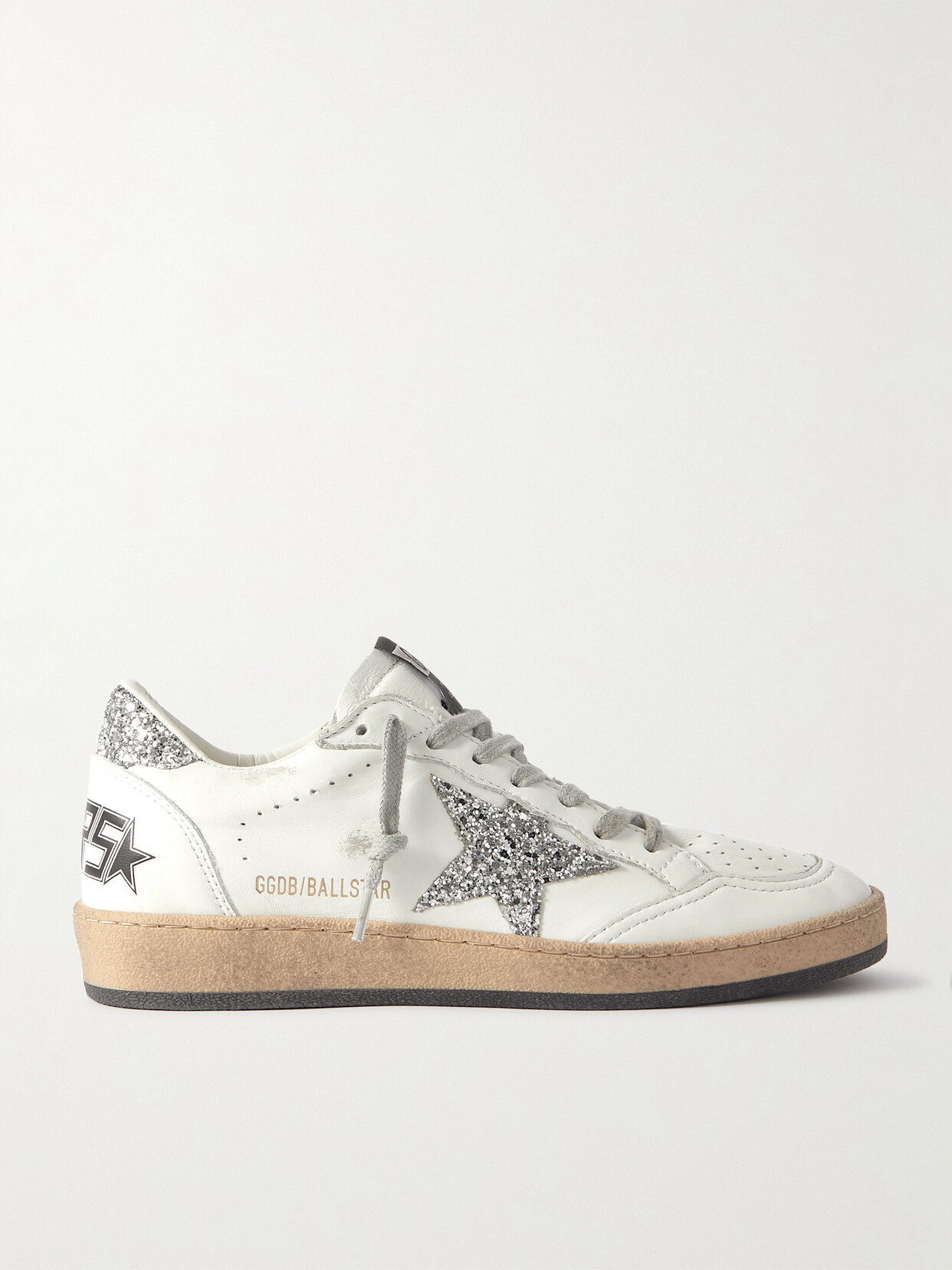 Shop Golden Goose Ball Star Distressed Glittered Leather Sneakers In White