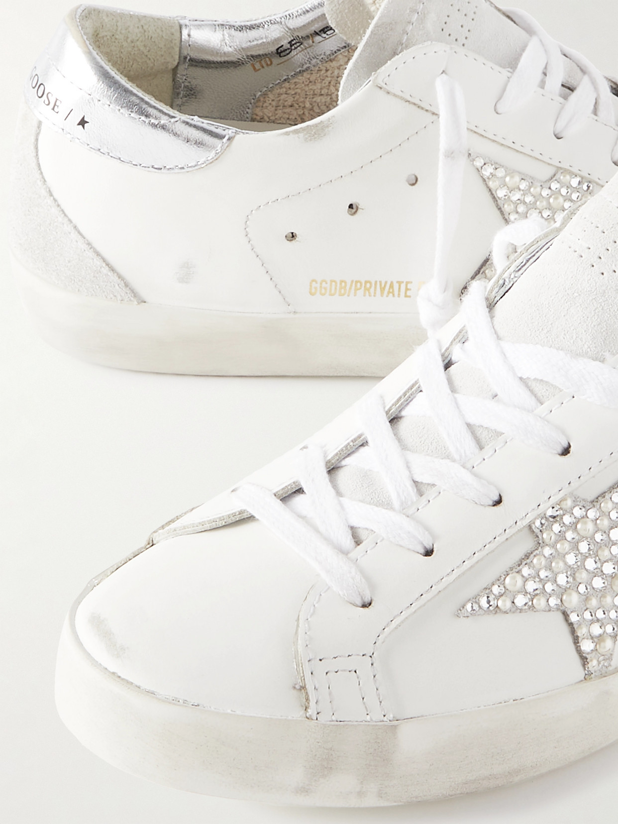 Shop Golden Goose Super-star Embellished Distressed Suede-trimmed Leather Sneakers In White