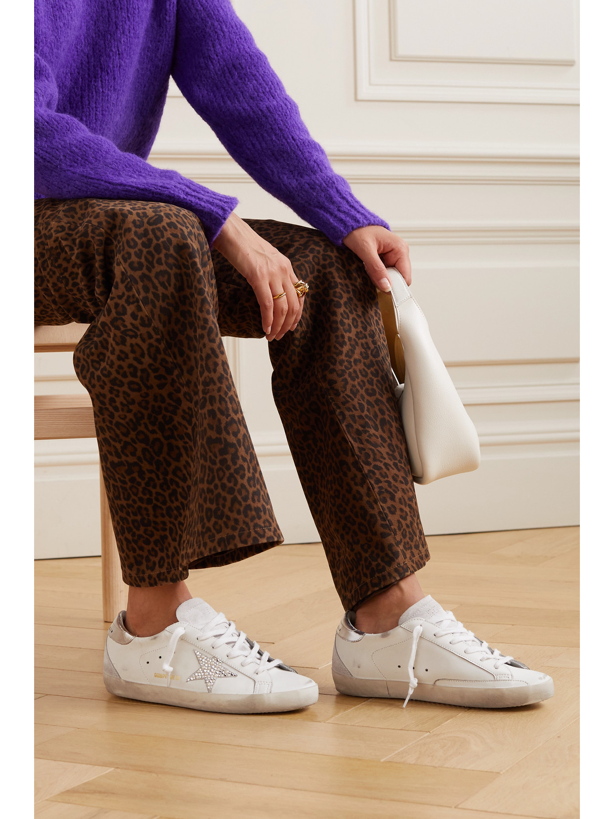 Golden Goose Super-star Embellished Distressed Suede-trimmed Leather Sneakers In White