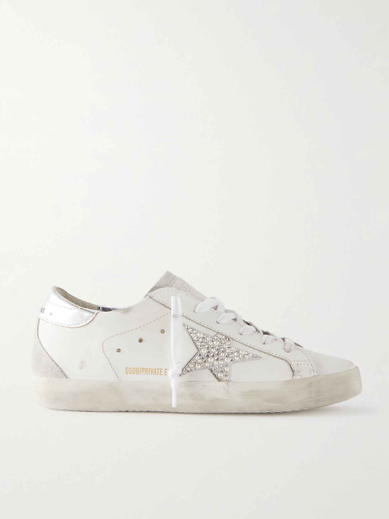 Golden Goose Super-star Embellished Distressed Suede-trimmed Leather Sneakers In White