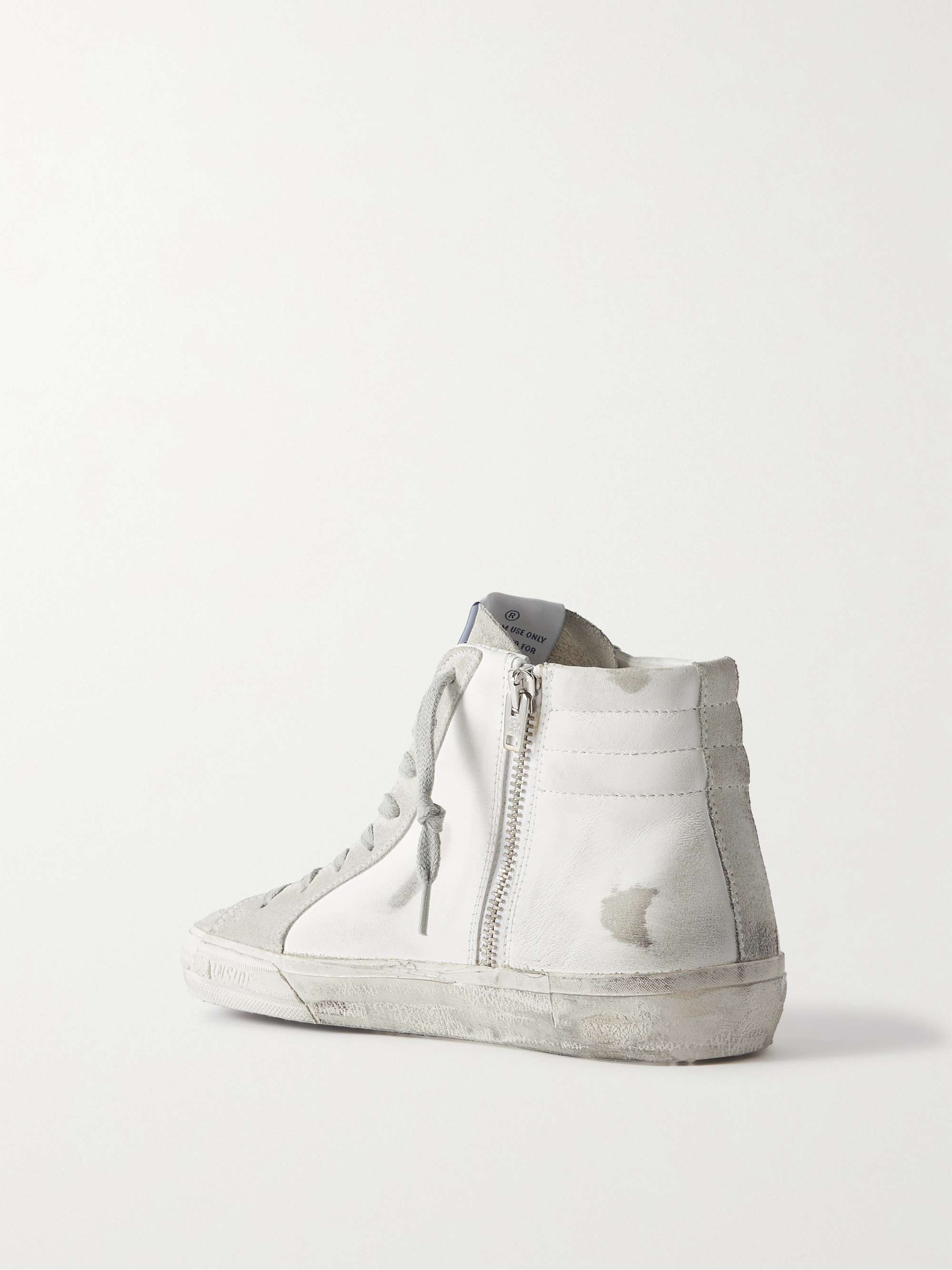 GOLDEN GOOSE Slide distressed suede-trimmed leather and Lurex high-top sneakers