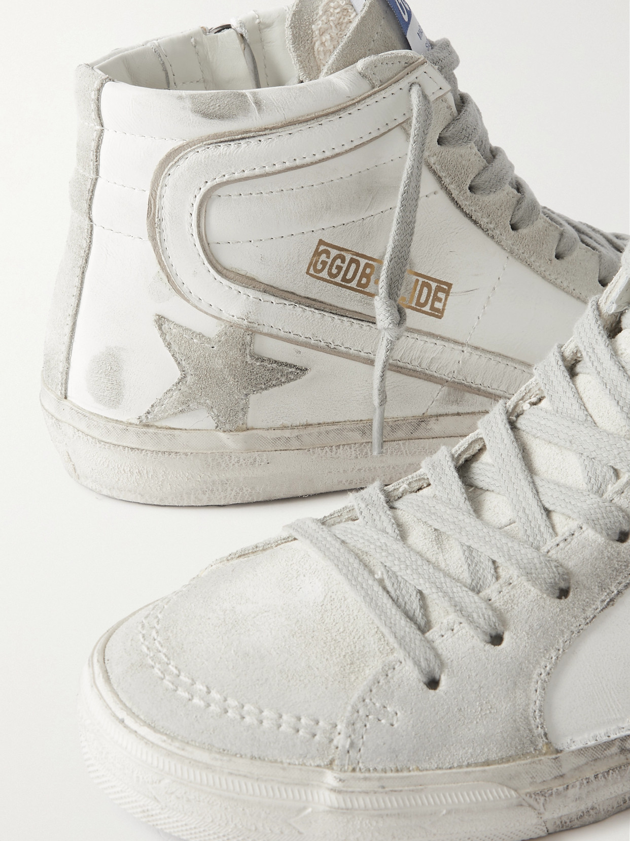 GOLDEN GOOSE SLIDE DISTRESSED SUEDE AND LEATHER HIGH-TOP SNEAKERS