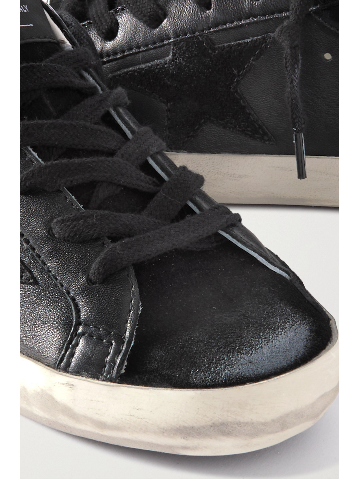 Shop Golden Goose Super-star Distressed Glittered Leather And Suede Sneakers In Black