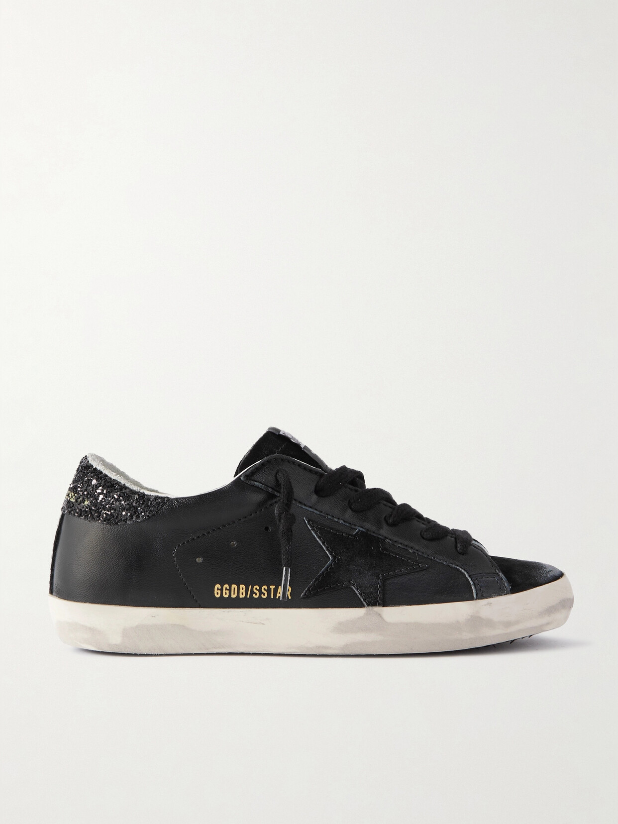 Golden Goose Super-star Distressed Glittered Leather And Suede Sneakers In Black