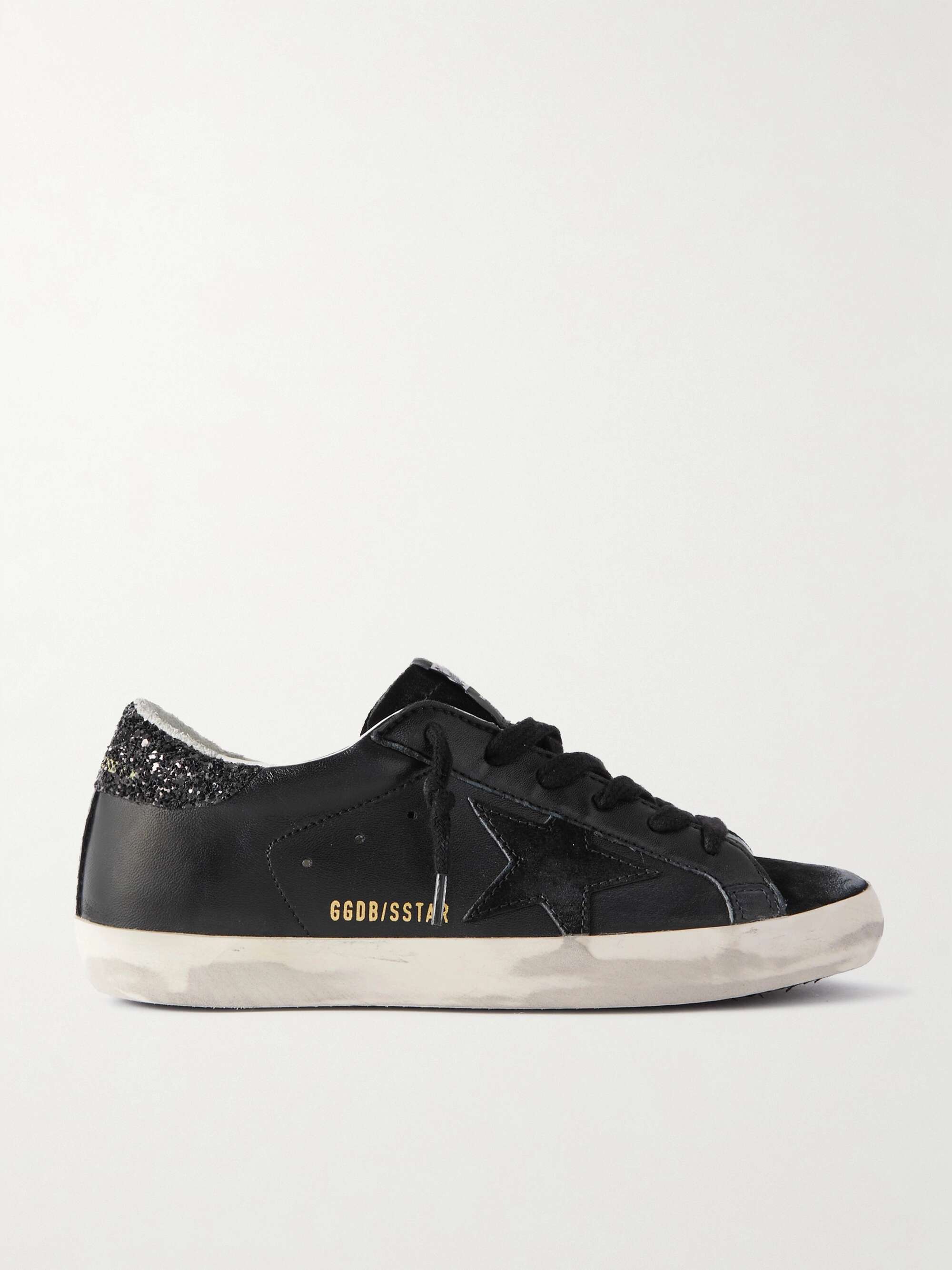 GOLDEN GOOSE Super-Star distressed glittered leather and suede sneakers ...