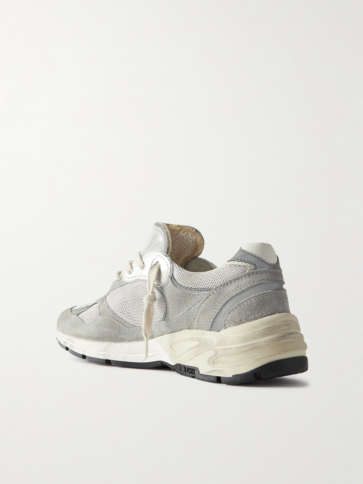 Shop Golden Goose Dad-star Distressed Leather-trimmed Mesh And Suede Sneakers In Gray