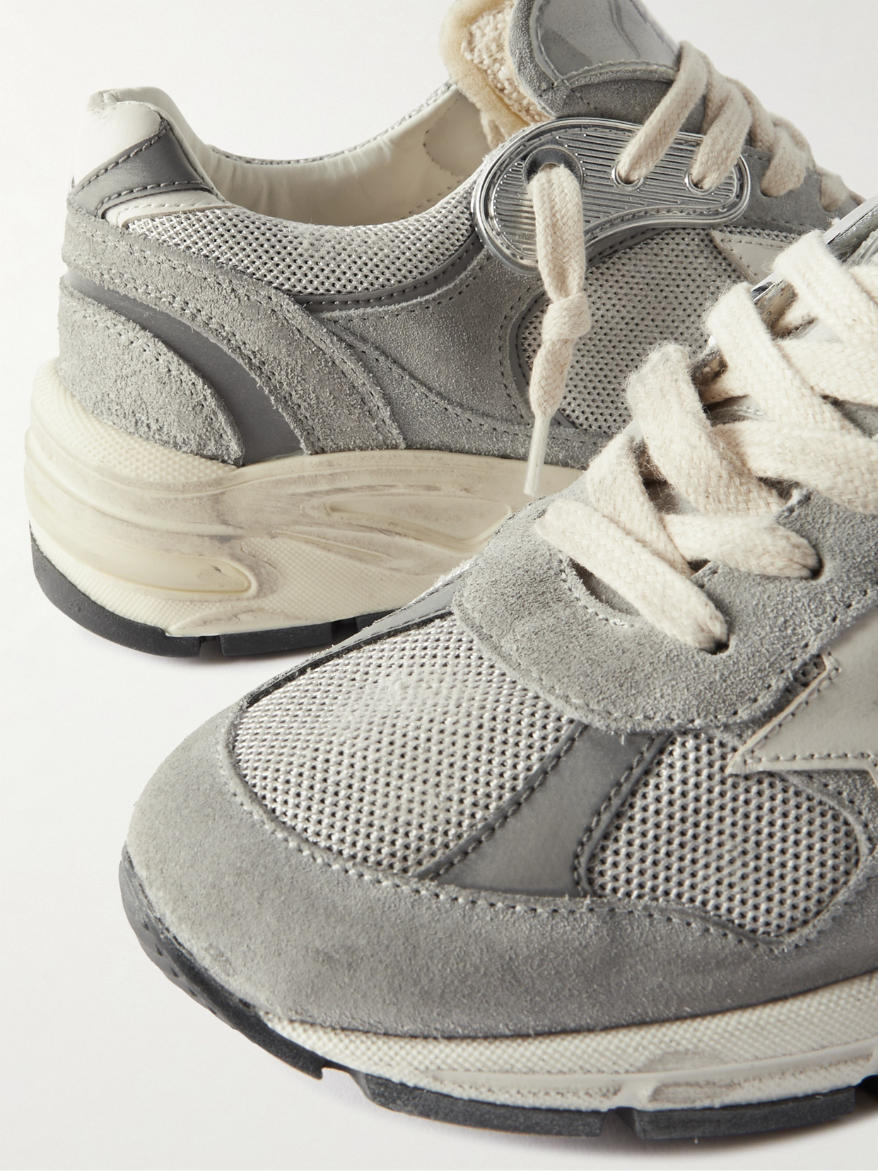 Shop Golden Goose Dad-star Distressed Leather-trimmed Mesh And Suede Sneakers In Gray