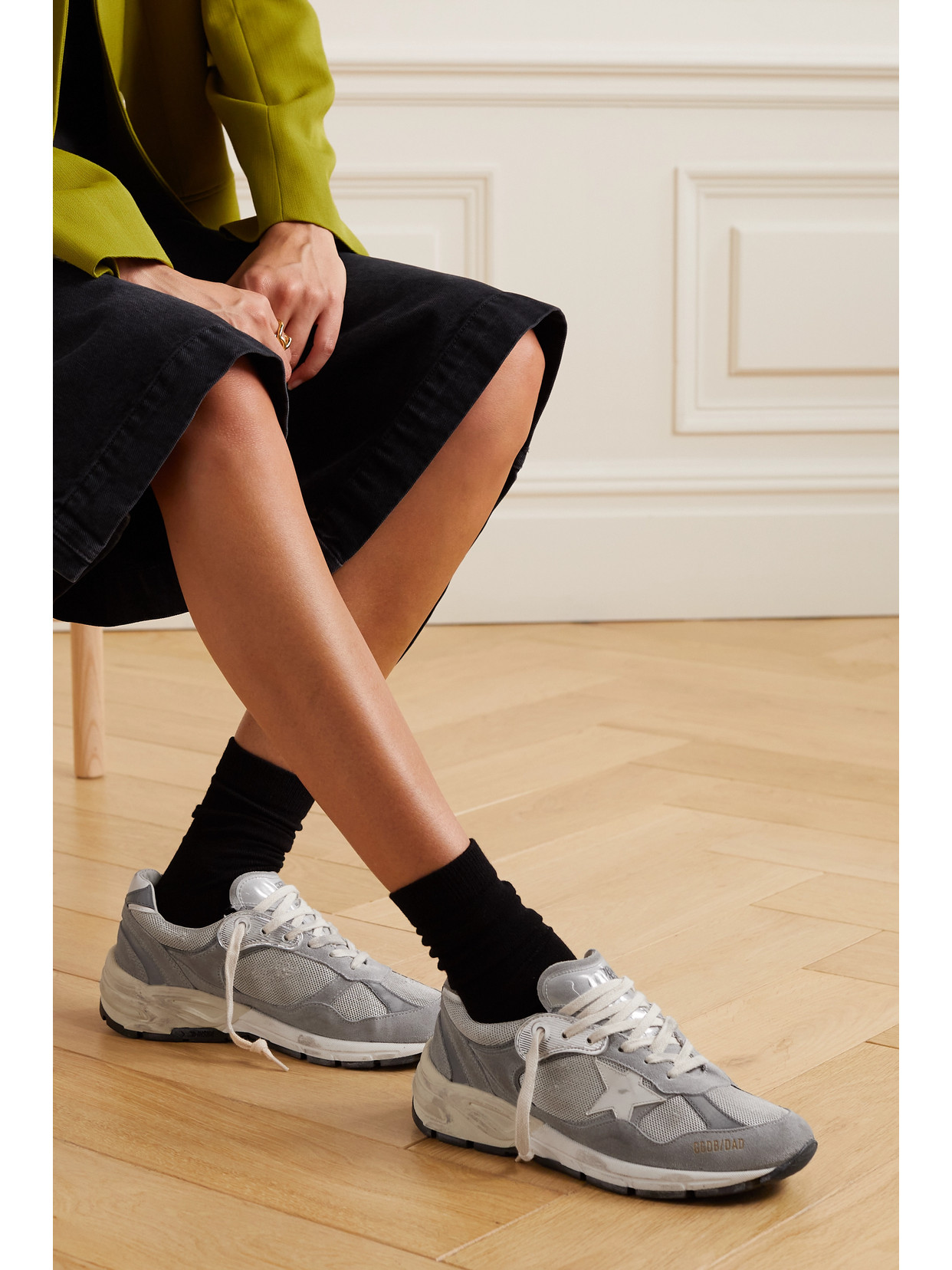 GOLDEN GOOSE DAD-STAR DISTRESSED LEATHER-TRIMMED MESH AND SUEDE SNEAKERS