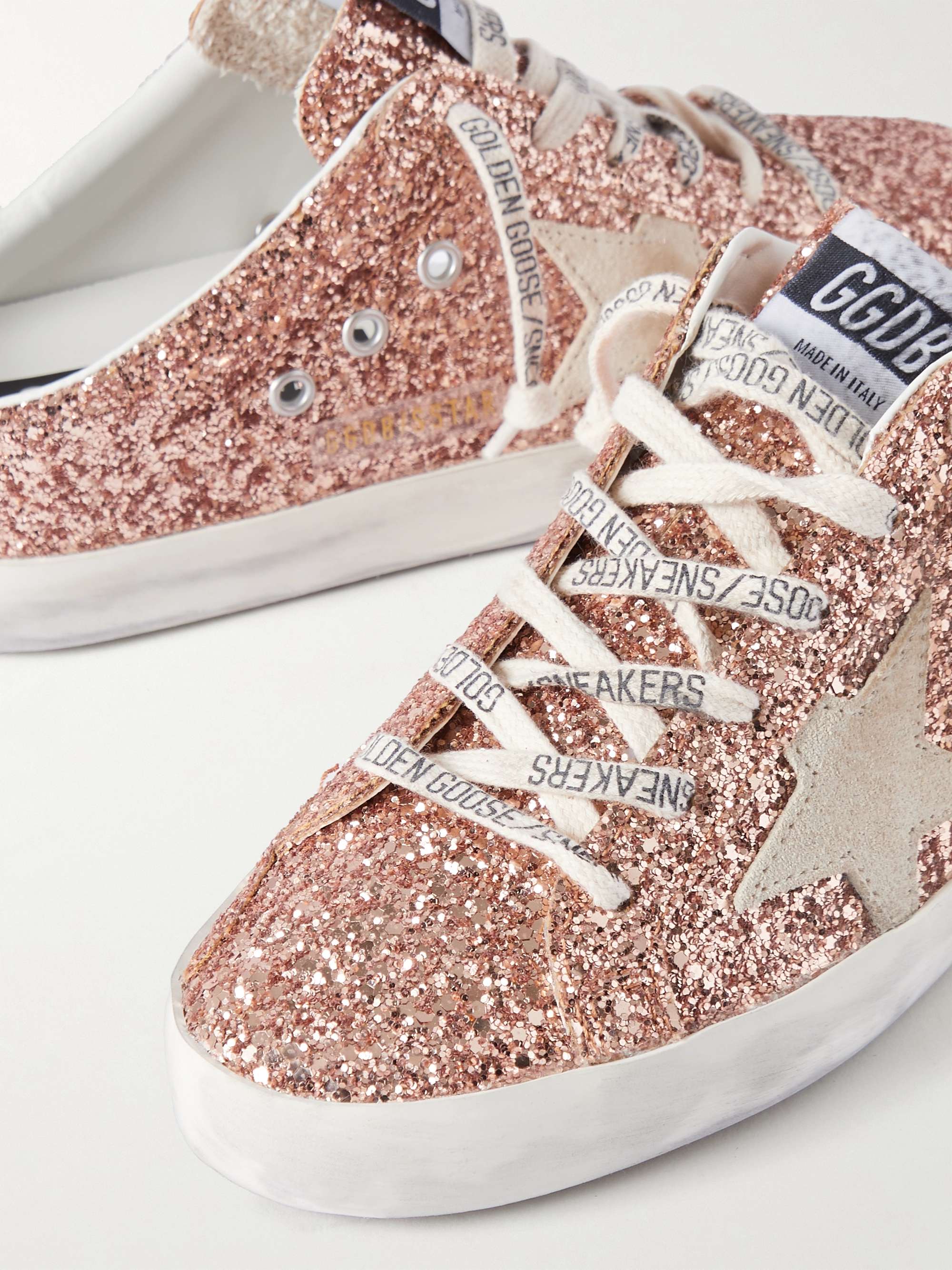 GOLDEN GOOSE Super-Star Sabot distressed suede-trimmed glittered leather  slip-on sneakers | NET-A-PORTER