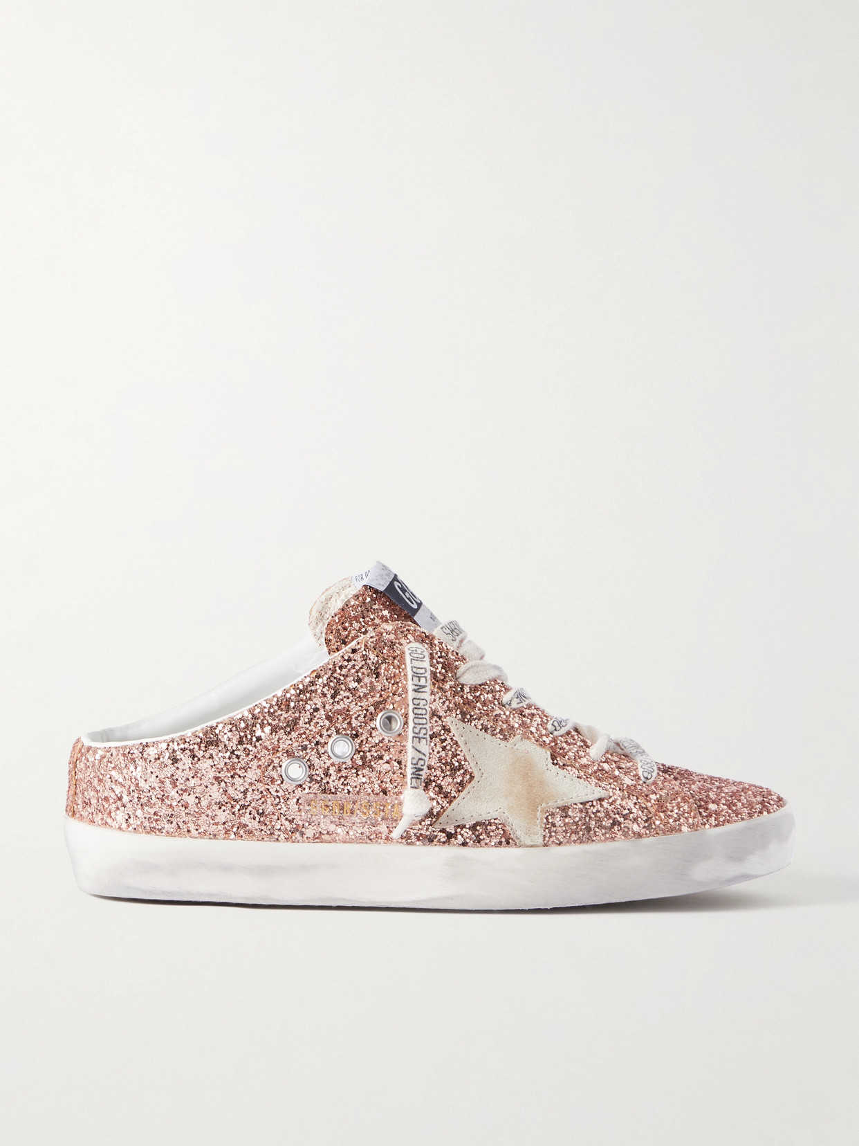 Golden Goose Super-star Sabot Distressed Suede-trimmed Glittered Leather Slip-on Sneakers In Orange