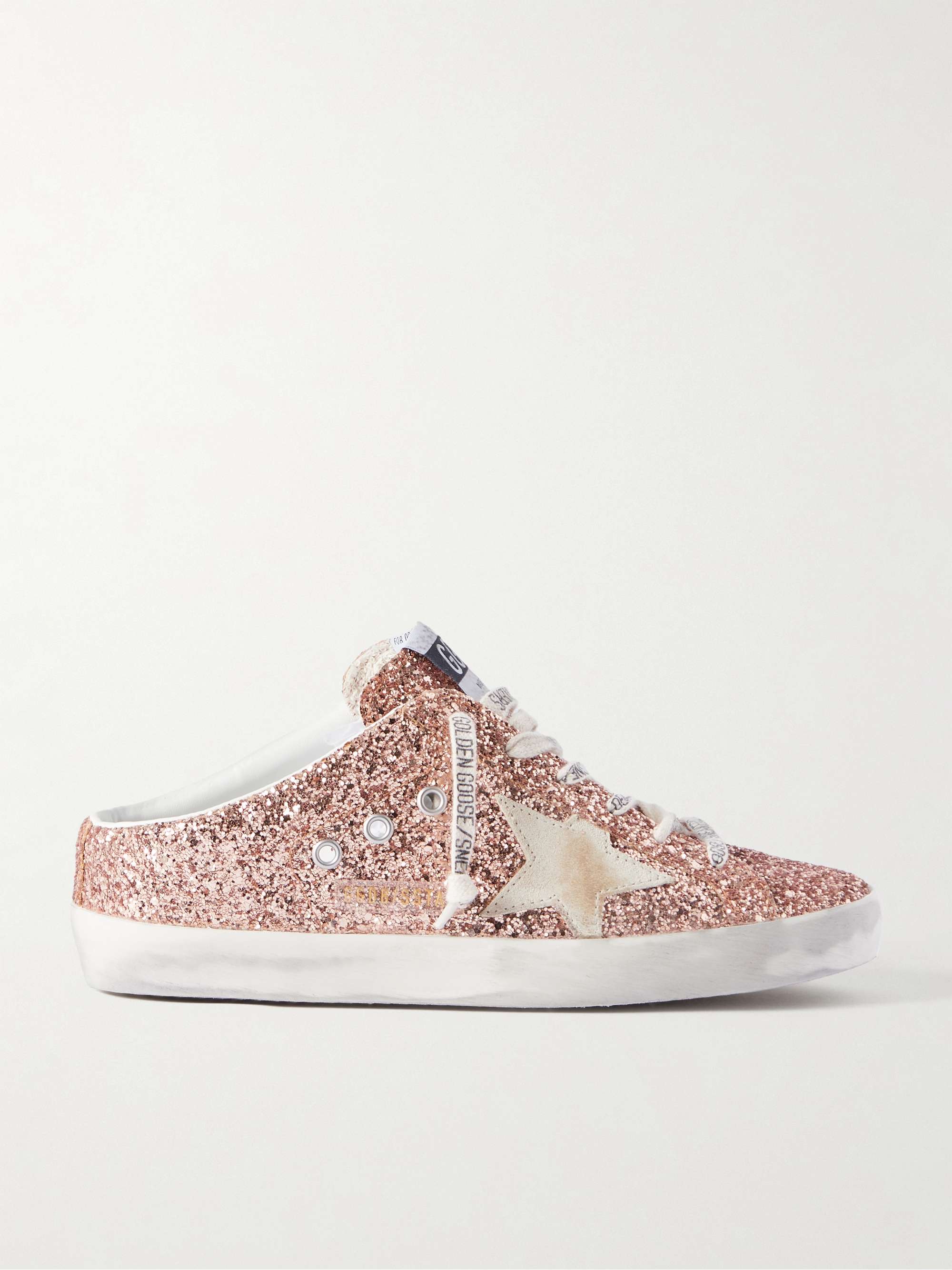 GOLDEN GOOSE Super-Star Sabot distressed suede-trimmed glittered leather  slip-on sneakers | NET-A-PORTER