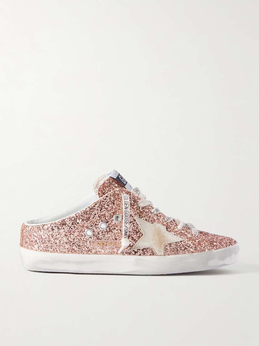 Golden Goose Super-star Sabot Distressed Suede-trimmed Glittered Leather Slip-on Sneakers