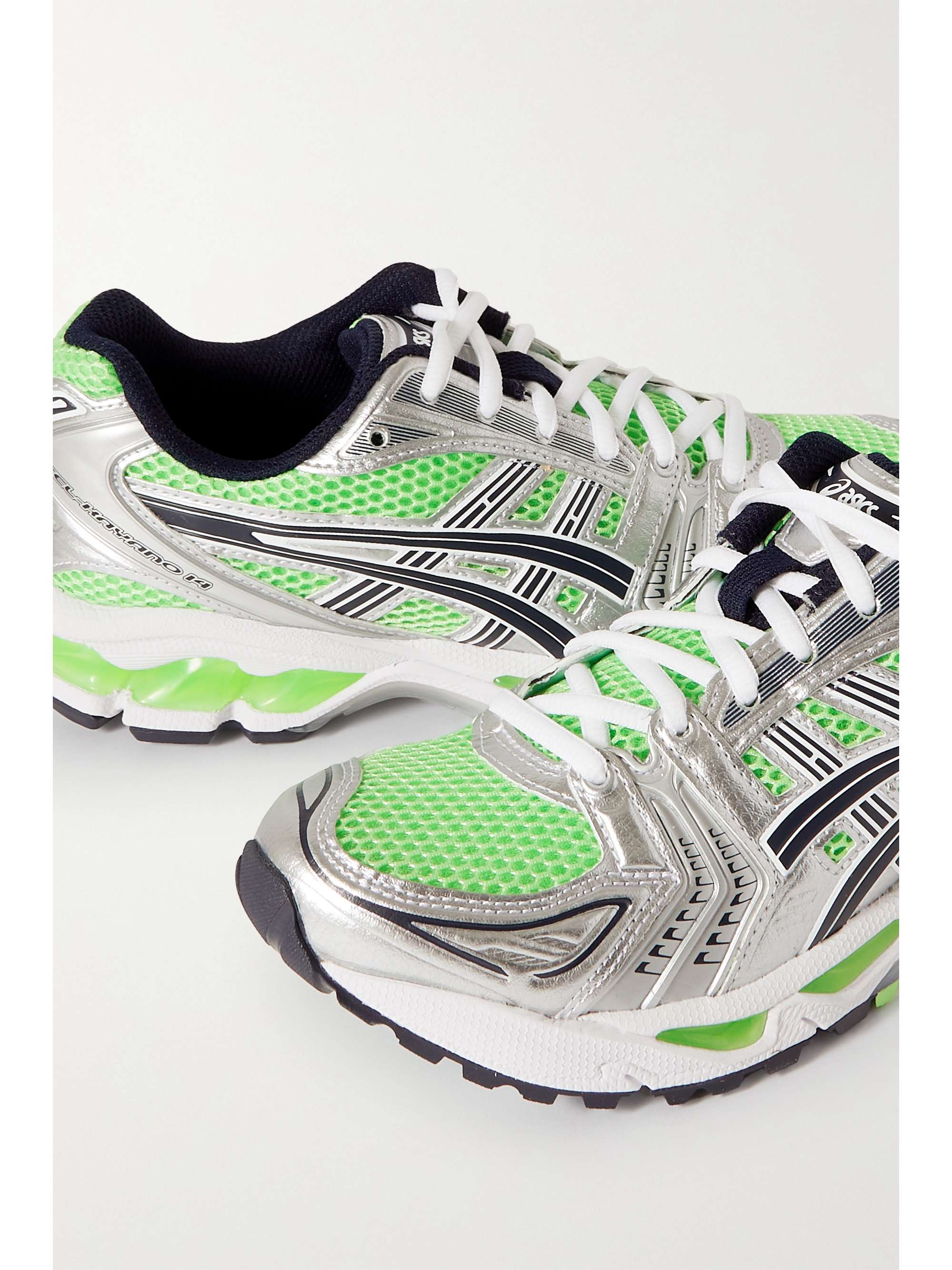 asics gel kayano 14 metallic faux leather trimmed mesh sneakers