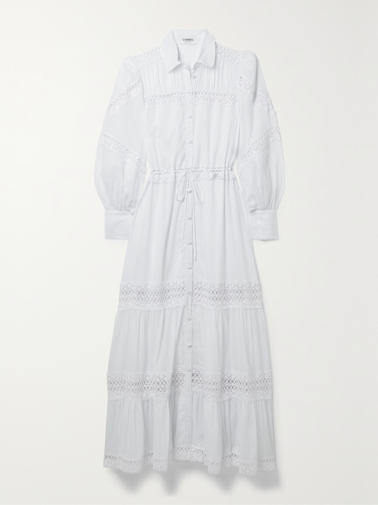 Charo Ruiz Ileana Guipure Lace-trimmed Cotton-blend Voile Maxi Shirt Dress